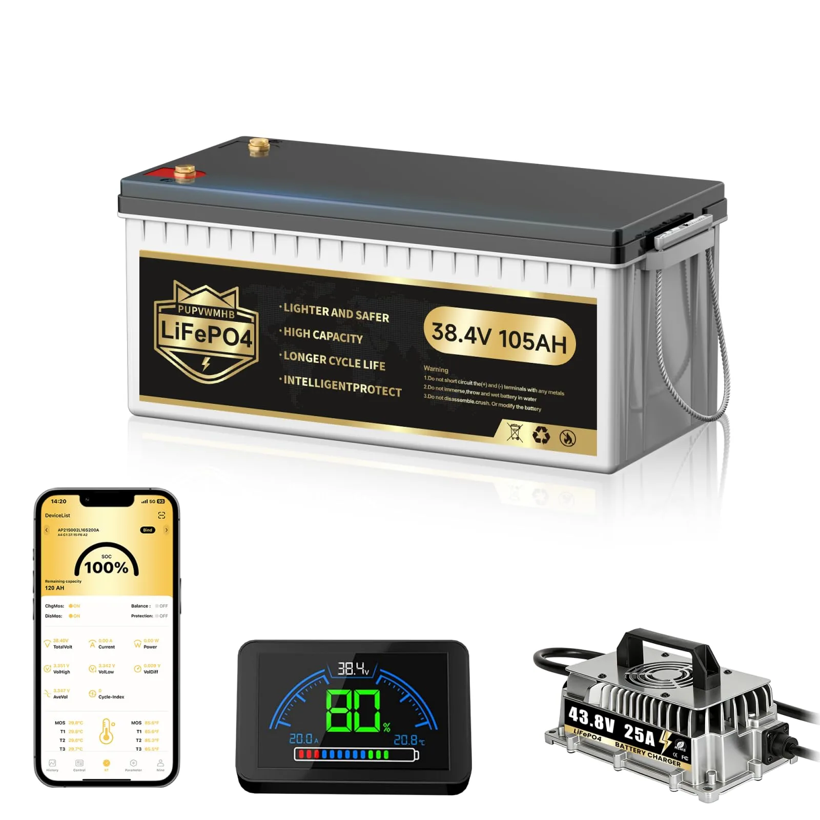 PUPVWMHB 36V 105Ah LiFePO4 Golf Cart Battery Kit