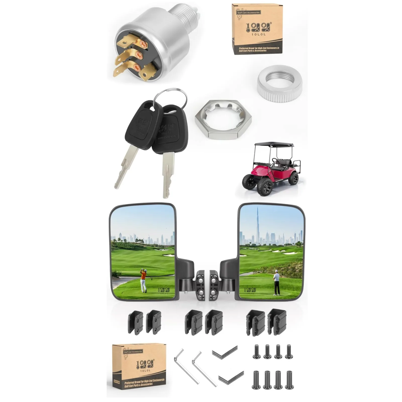 10L0L EZGO Ignition Switch and No-Drill Golf Cart Mirrors