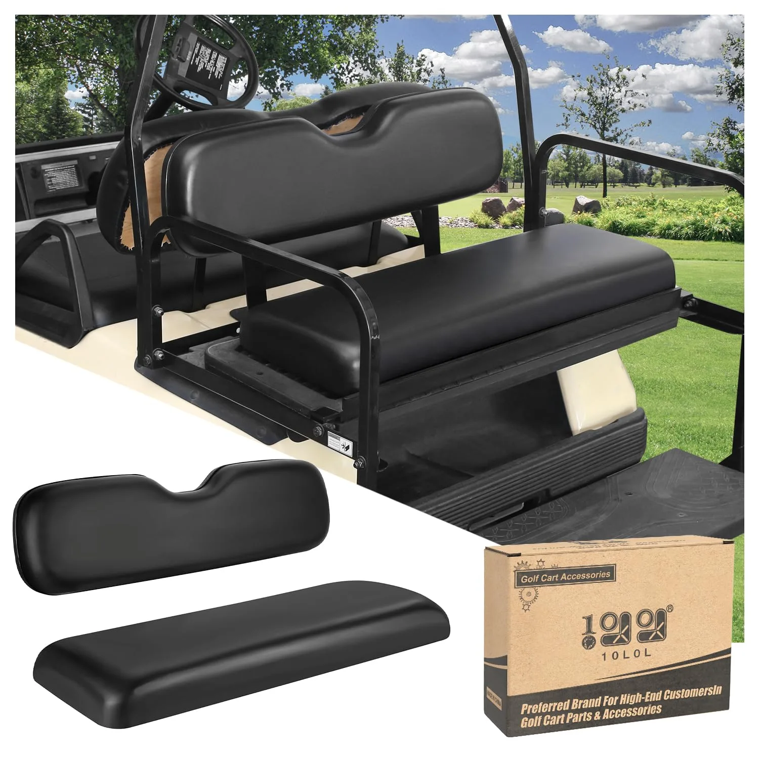 10L0L Rear Golf Cart Seat Cushion Set, Black Vinyl