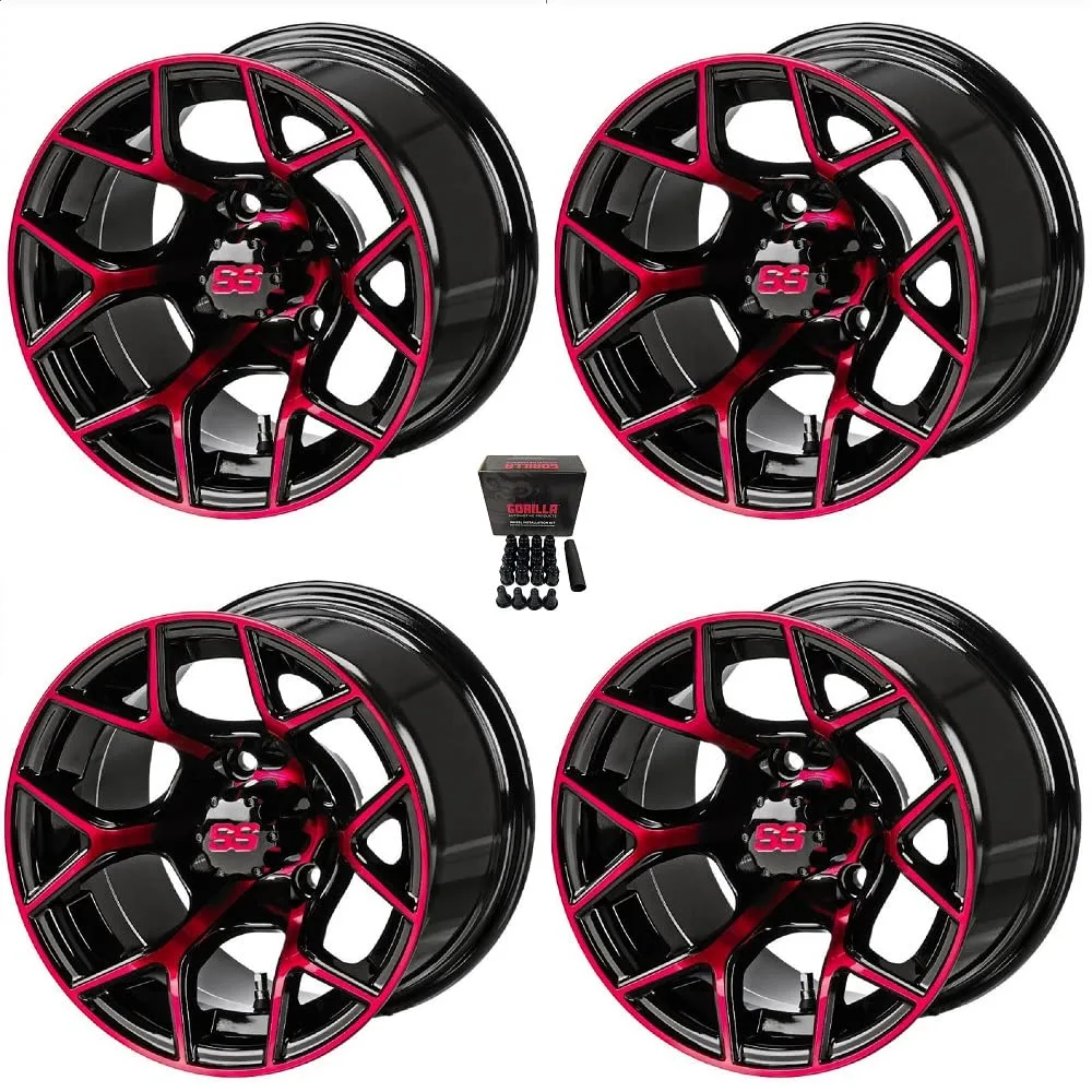 Generic LSI Ninja 12x7 Black/Red Golf Cart Wheel Set - 108956FS
