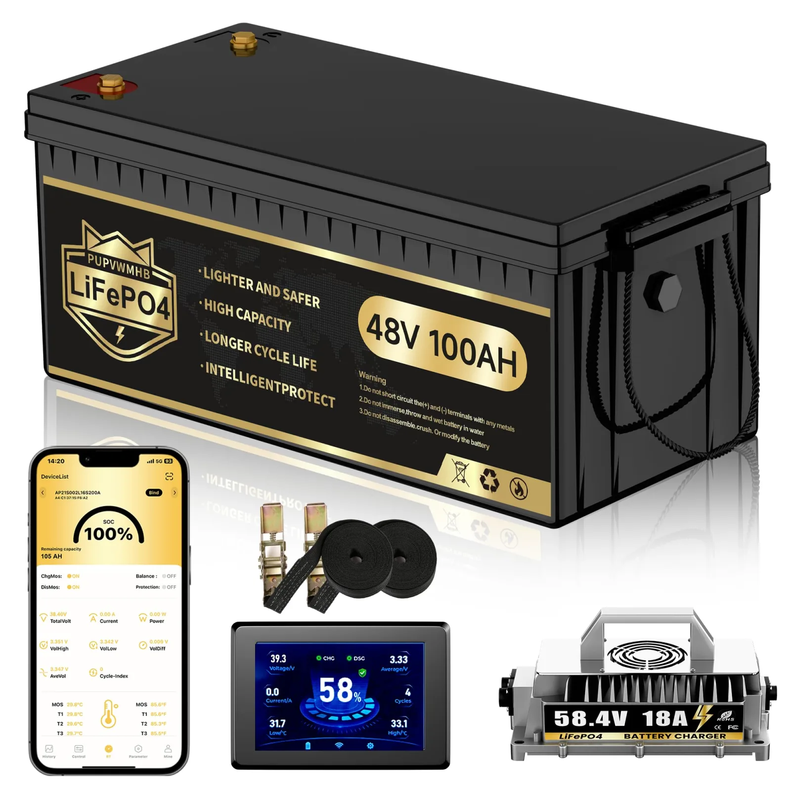 PUPVWMHB 48V 100Ah LiFePO4 Golf Cart Battery