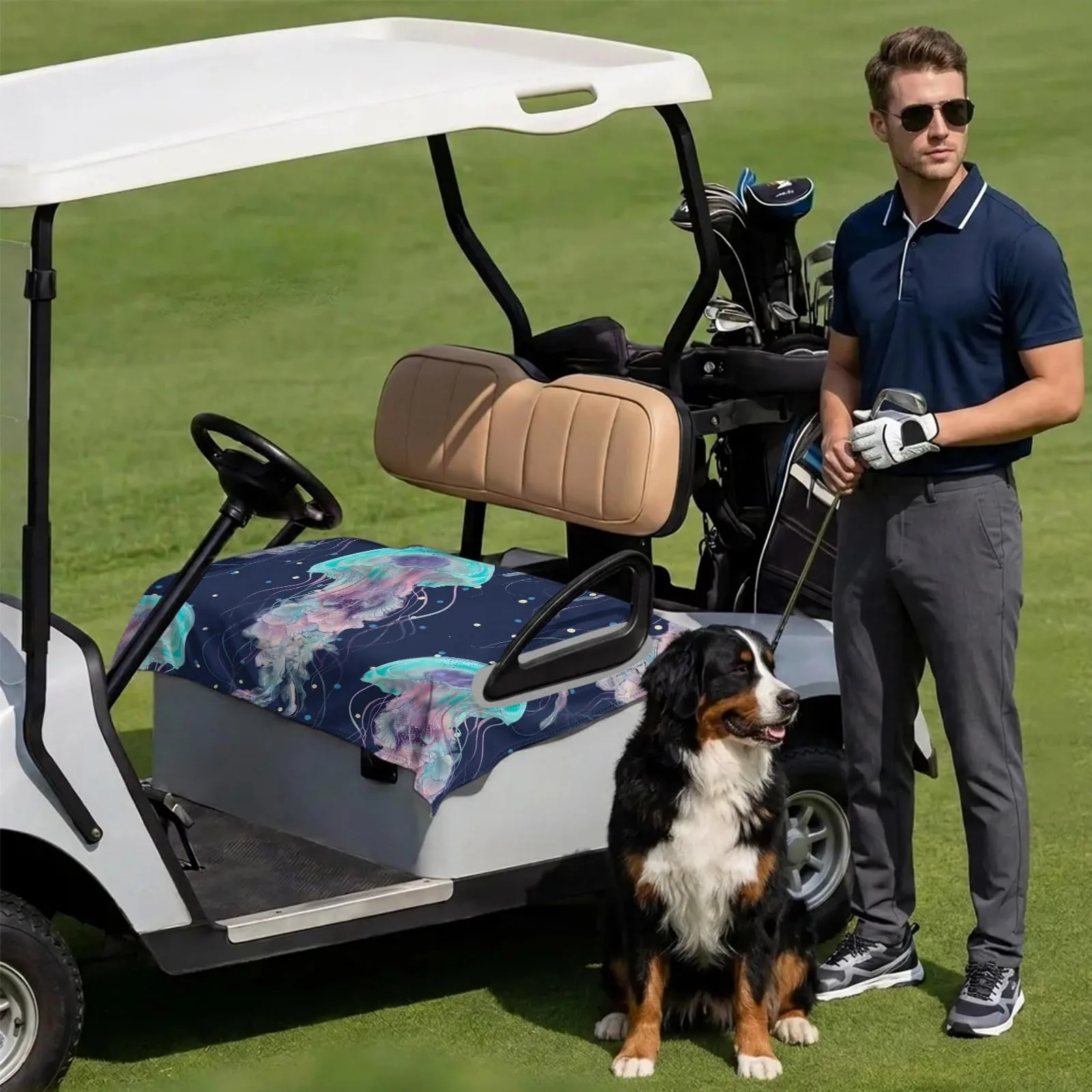 DecorLovee Jellyfish 51 x 31 Microfiber Golf Cart Seat Cover - Navy/Purple image 3