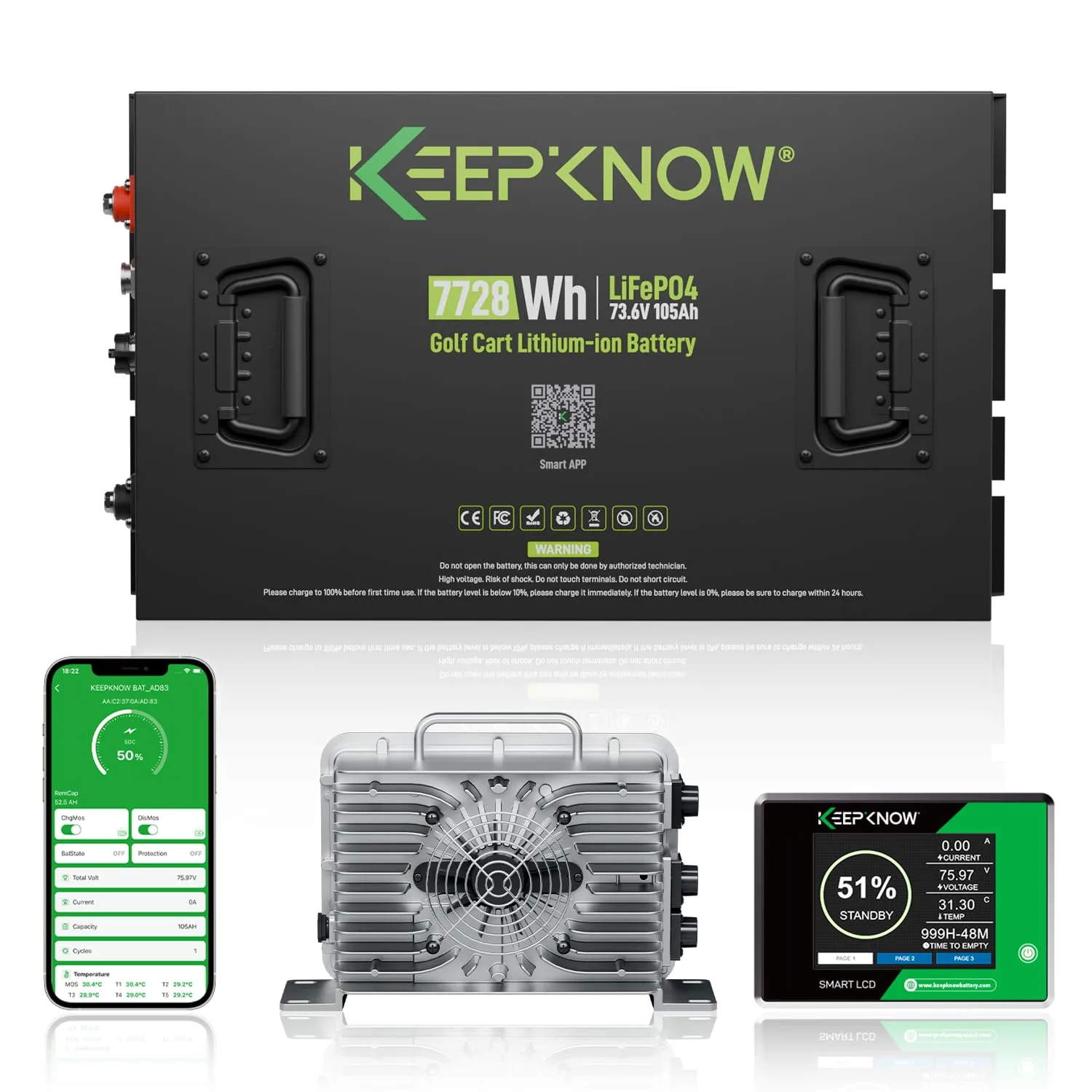 KEEPKNOW 72V (73.6V) 105Ah LiFePO4 Golf Cart Battery with 250A BMS