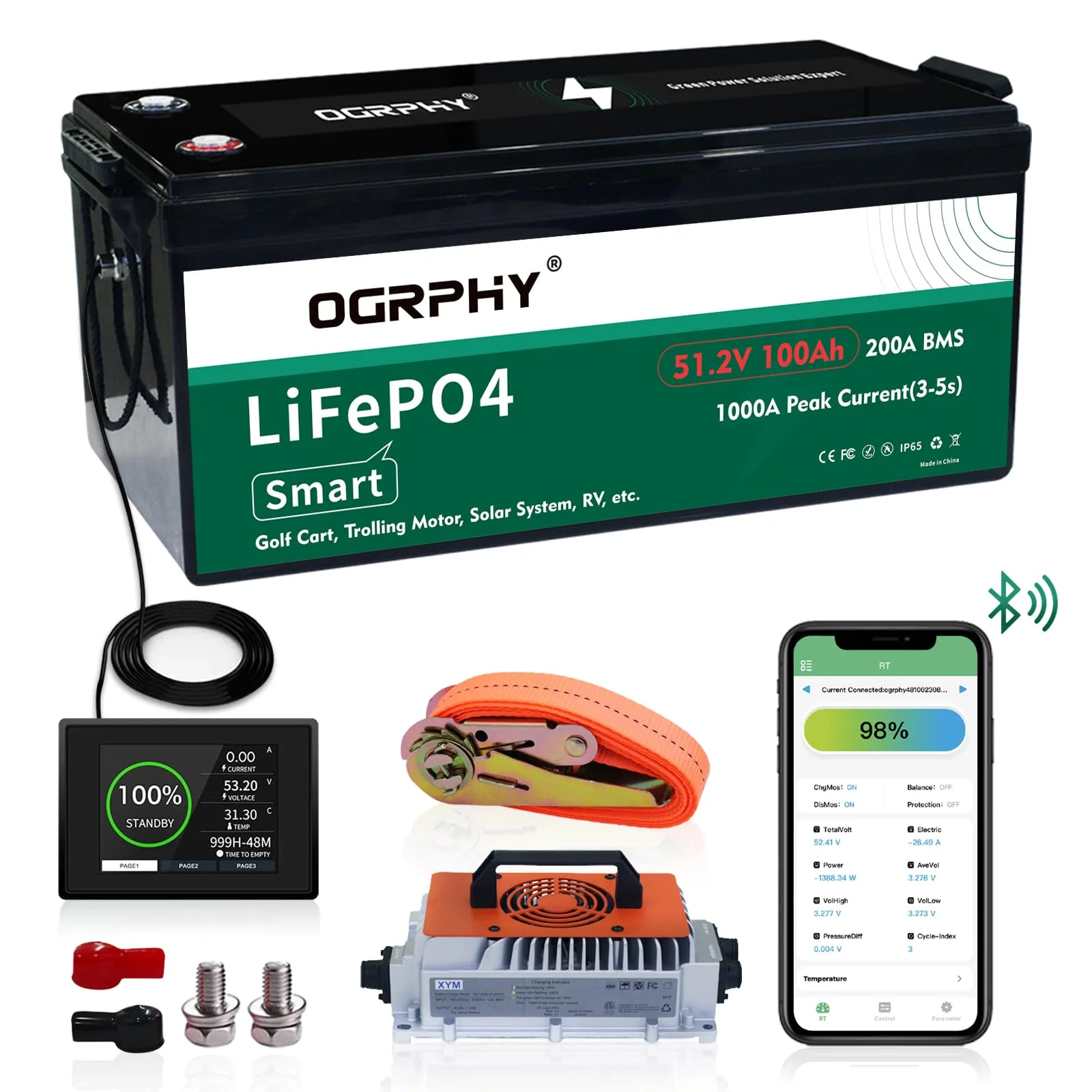 OGRPHY 48V 100Ah Golf Cart Battery Kit with Charger