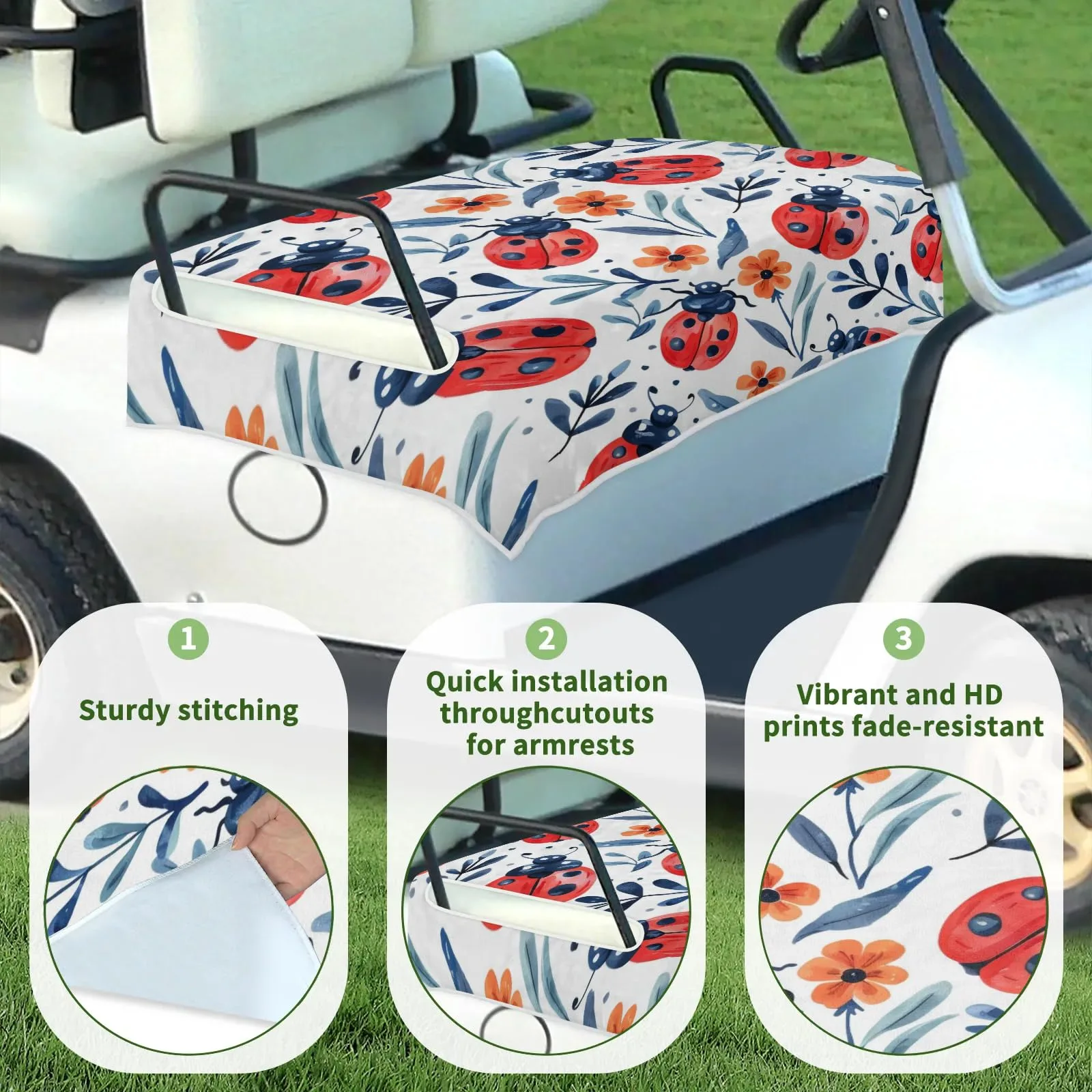 Tiveruda Ladybugs Spring Floral 51 x 31" Universal Golf Cart Seat Cover image 3