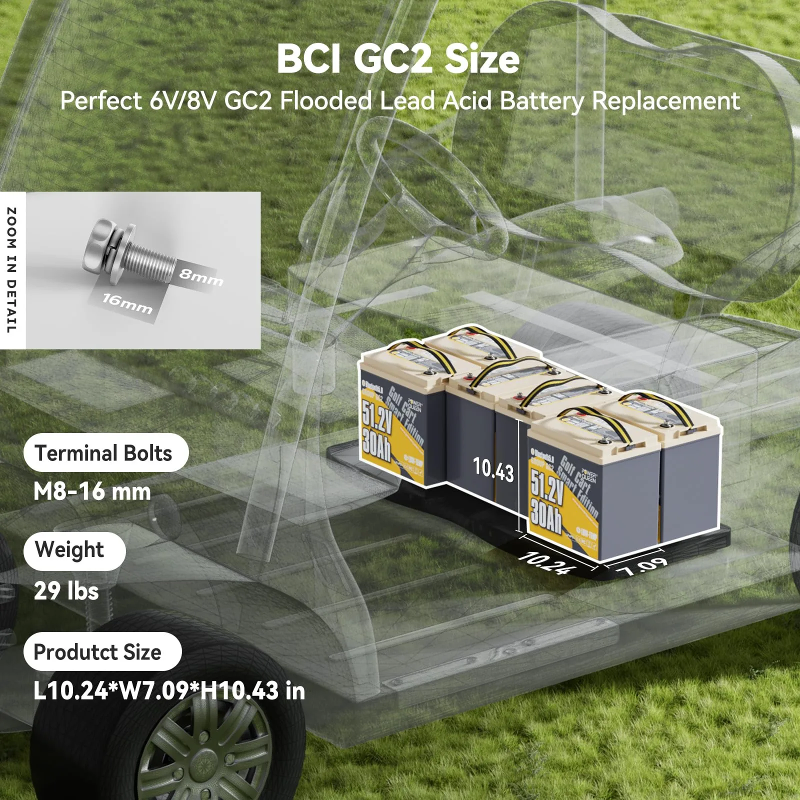 Power Queen 48V 30Ah GC2 LiFePO4 Bluetooth Golf Cart Battery P51.2V30-100-GC-BT-32-AGC2 image 2