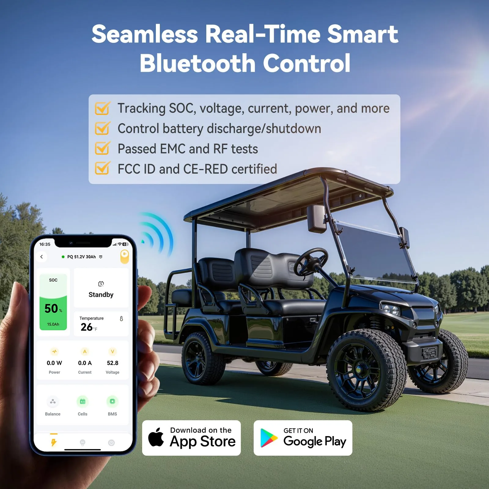 Power Queen 48V 30Ah GC2 LiFePO4 Bluetooth Golf Cart Battery P51.2V30-100-GC-BT-32-AGC2 image 3