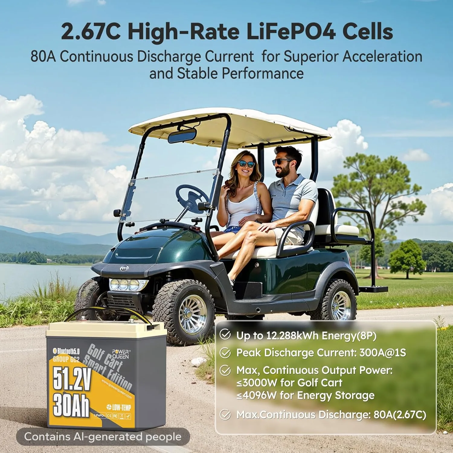Power Queen 48V 30Ah GC2 LiFePO4 Bluetooth Golf Cart Battery P51.2V30-100-GC-BT-32-AGC2 image 4