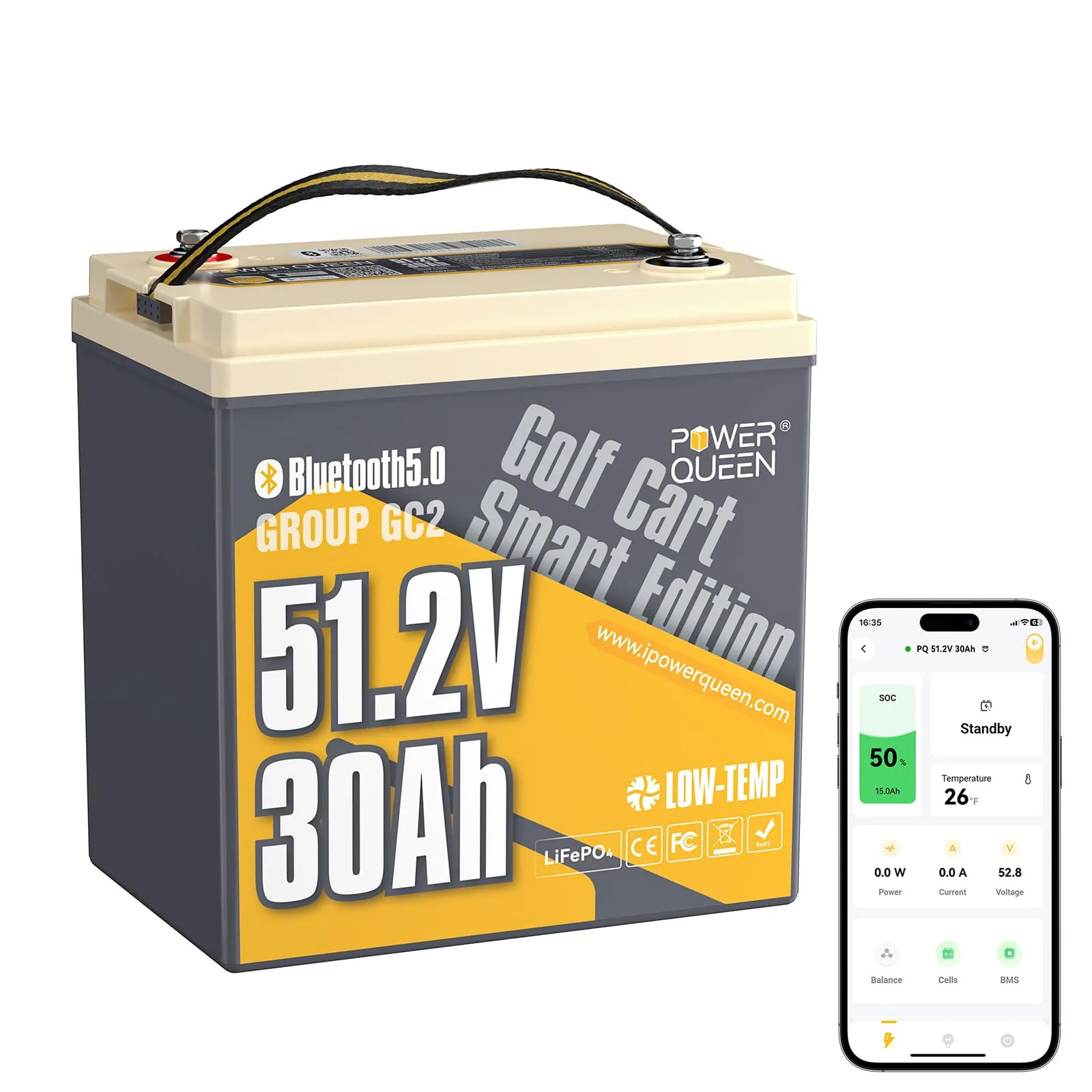 Power Queen 48V 30Ah GC2 LiFePO4 Bluetooth Golf Cart Battery P51.2V30-100-GC-BT-32-AGC2