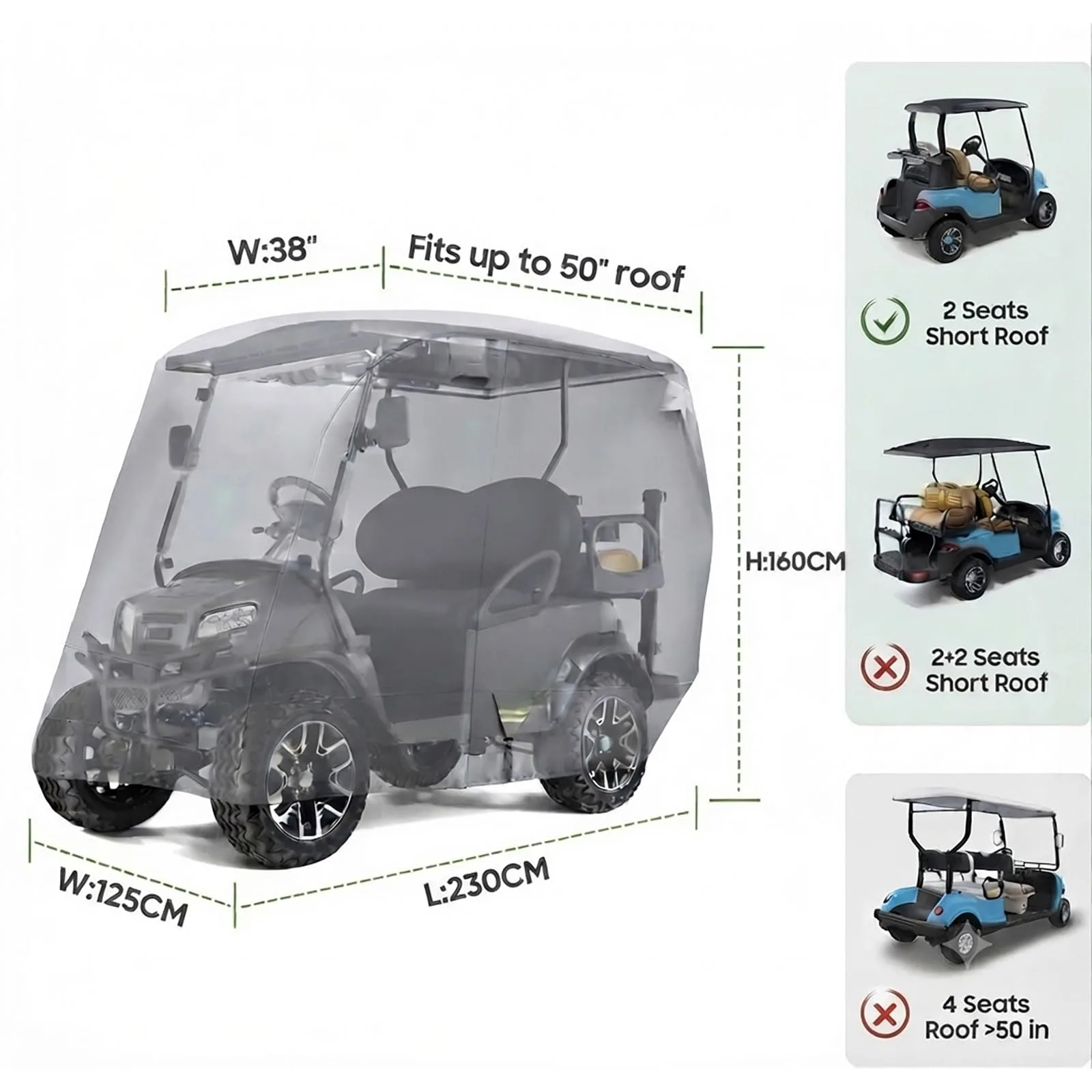EYEAR 600D Golf Cart Cover for 2-Passenger Extended Roof - A319-03-B-US image 4