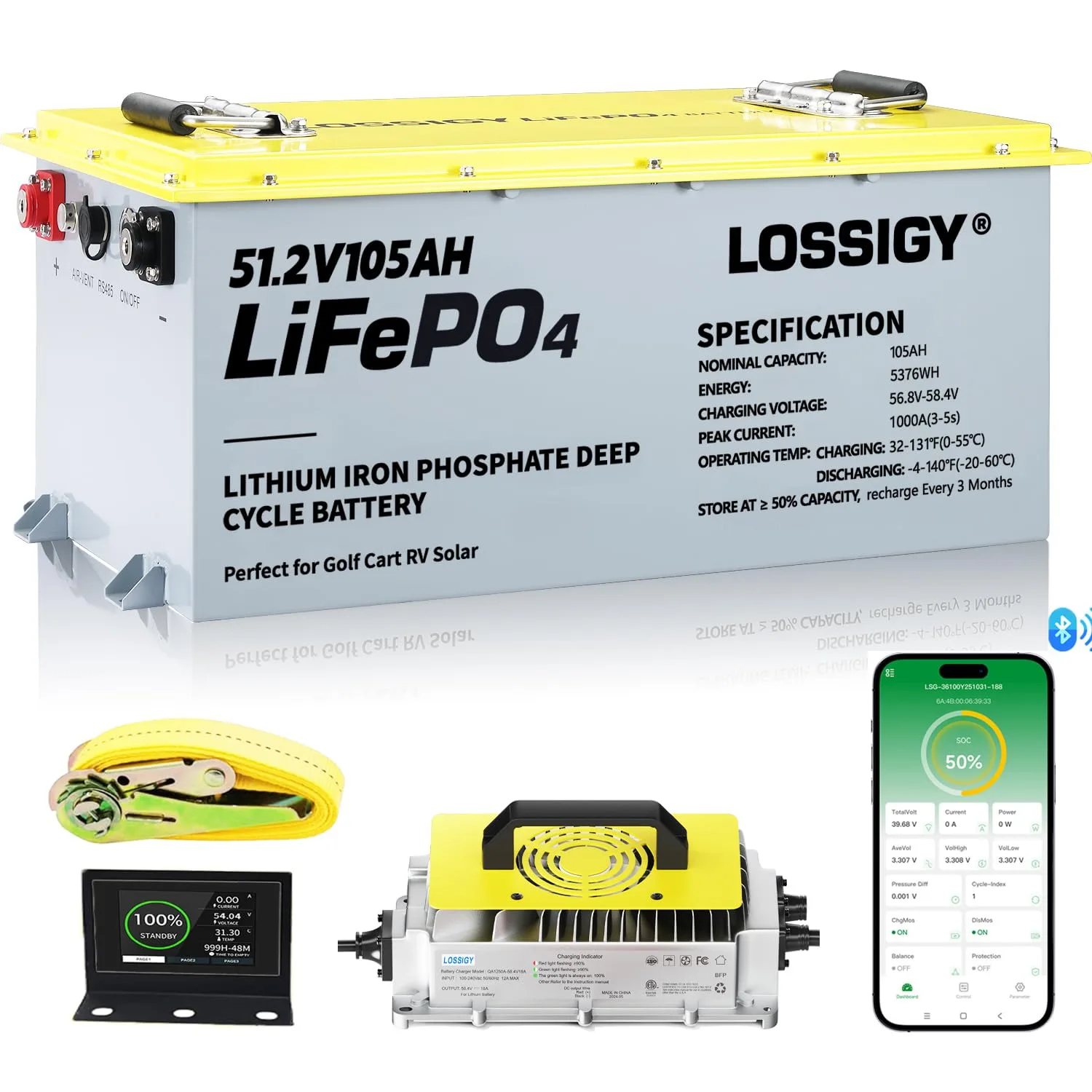 LOSSIGY 48V 105Ah LiFePO4 Golf Cart Battery