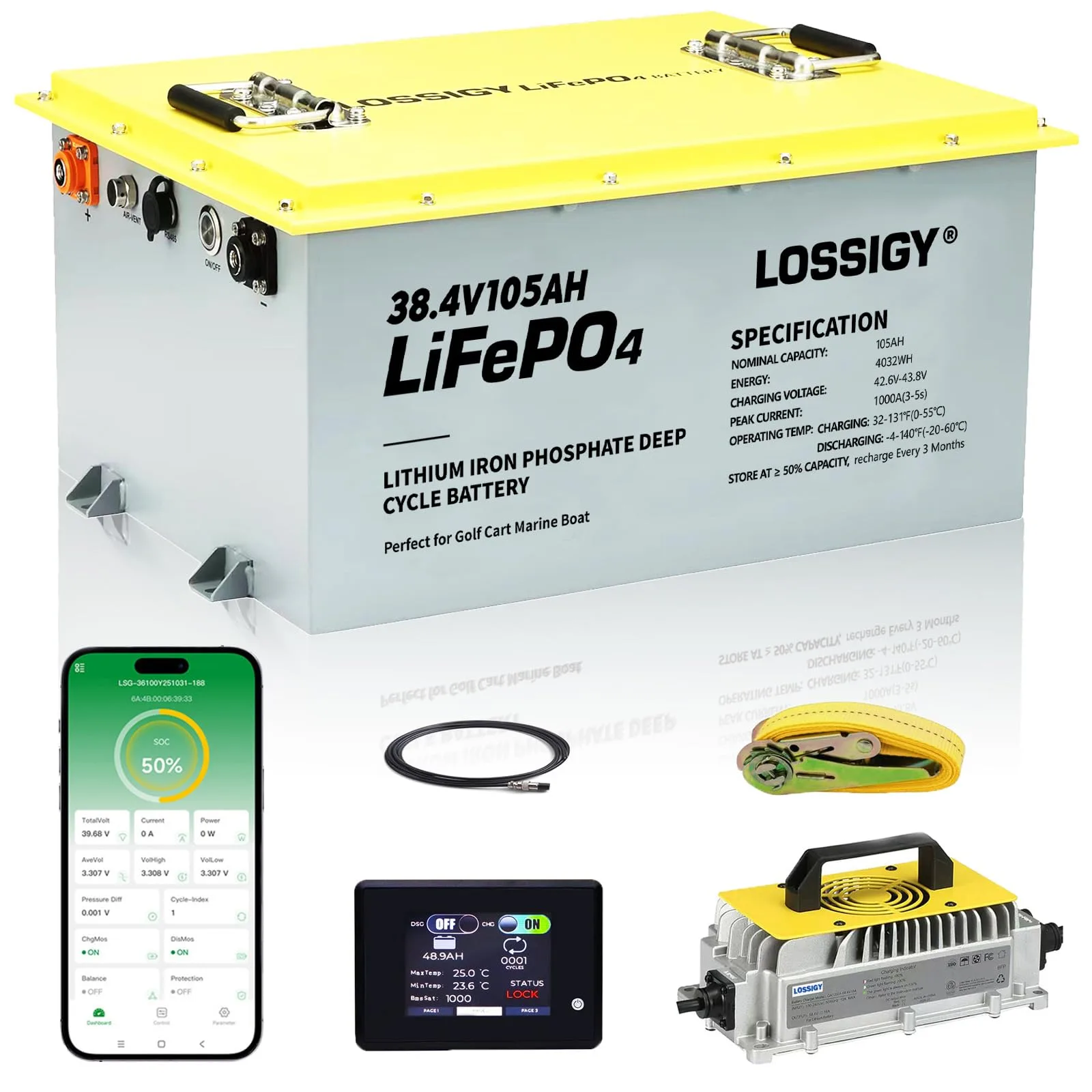 LOSSIGY 36V 105Ah Lithium Golf Cart Battery Kit