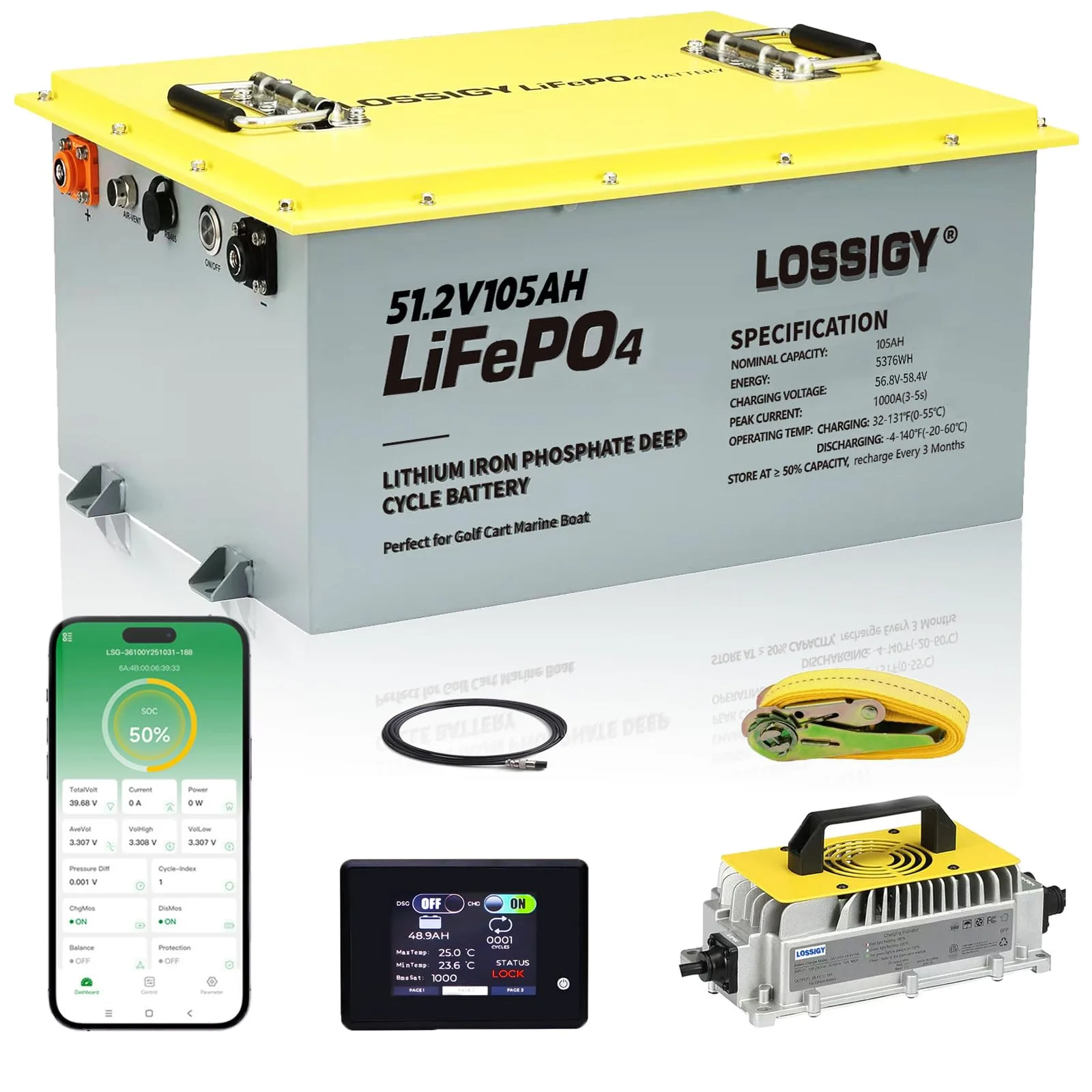 LOSSIGY 48V 105Ah Golf Cart Battery Kit with Charger