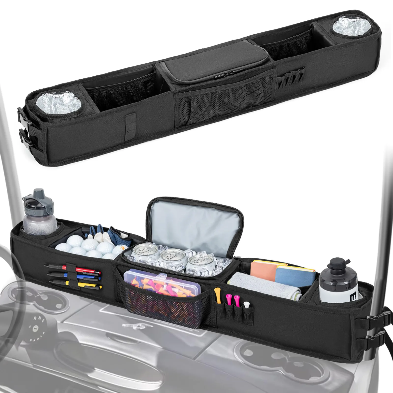 PGmoon Front Golf Cart Storage Tray with Cooler — No-Drill