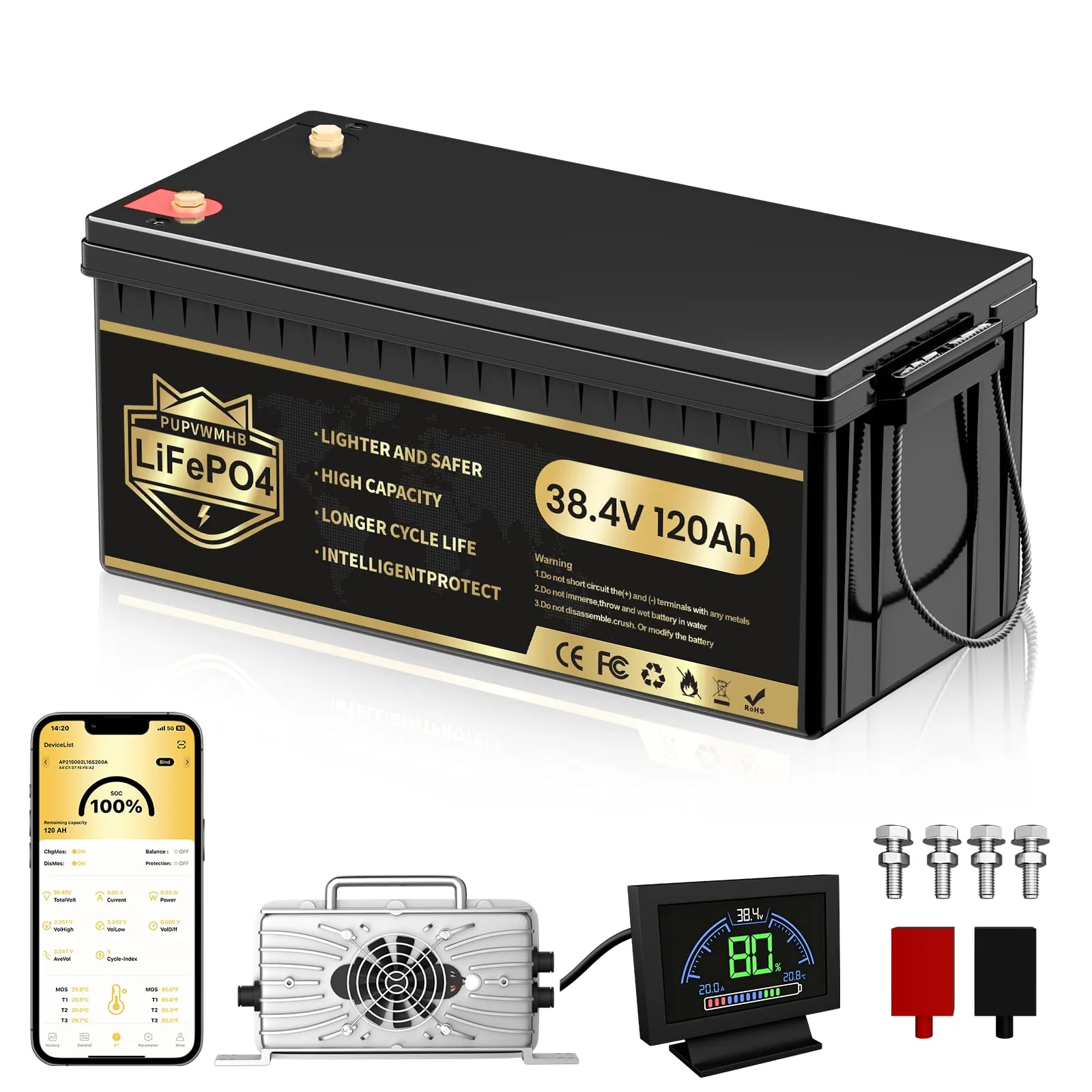 PUPVWMHB 36V 120Ah LiFePO4 Golf Cart Battery