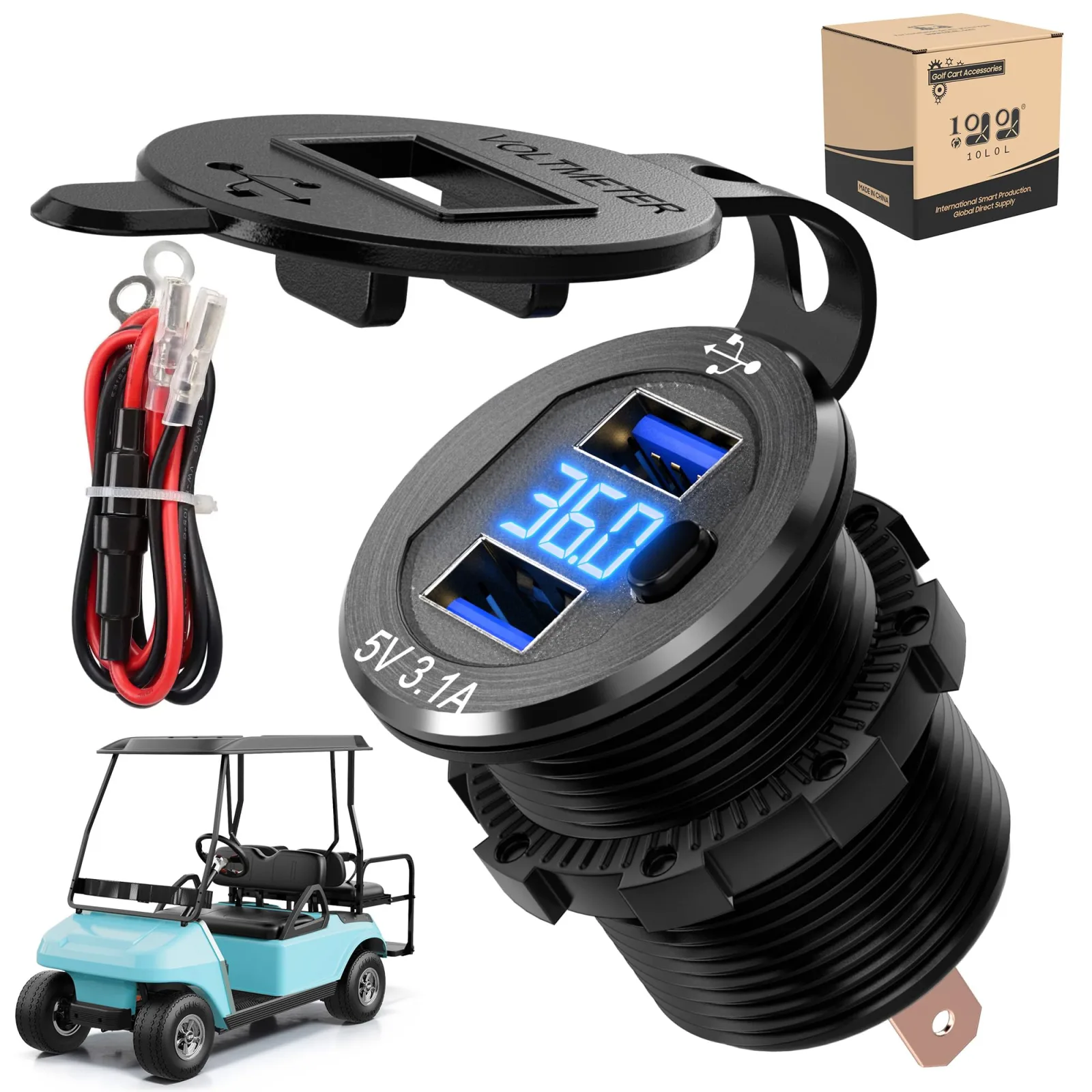 10L0L Dual-Port Golf Cart USB Outlet, 12V–60V