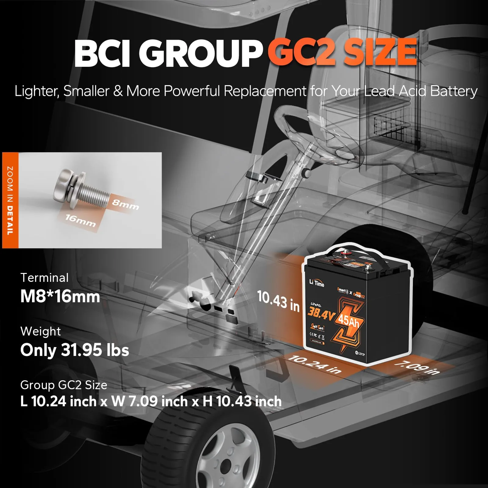 LiTime 36V 45Ah Bluetooth Lithium Golf Cart Battery image 3