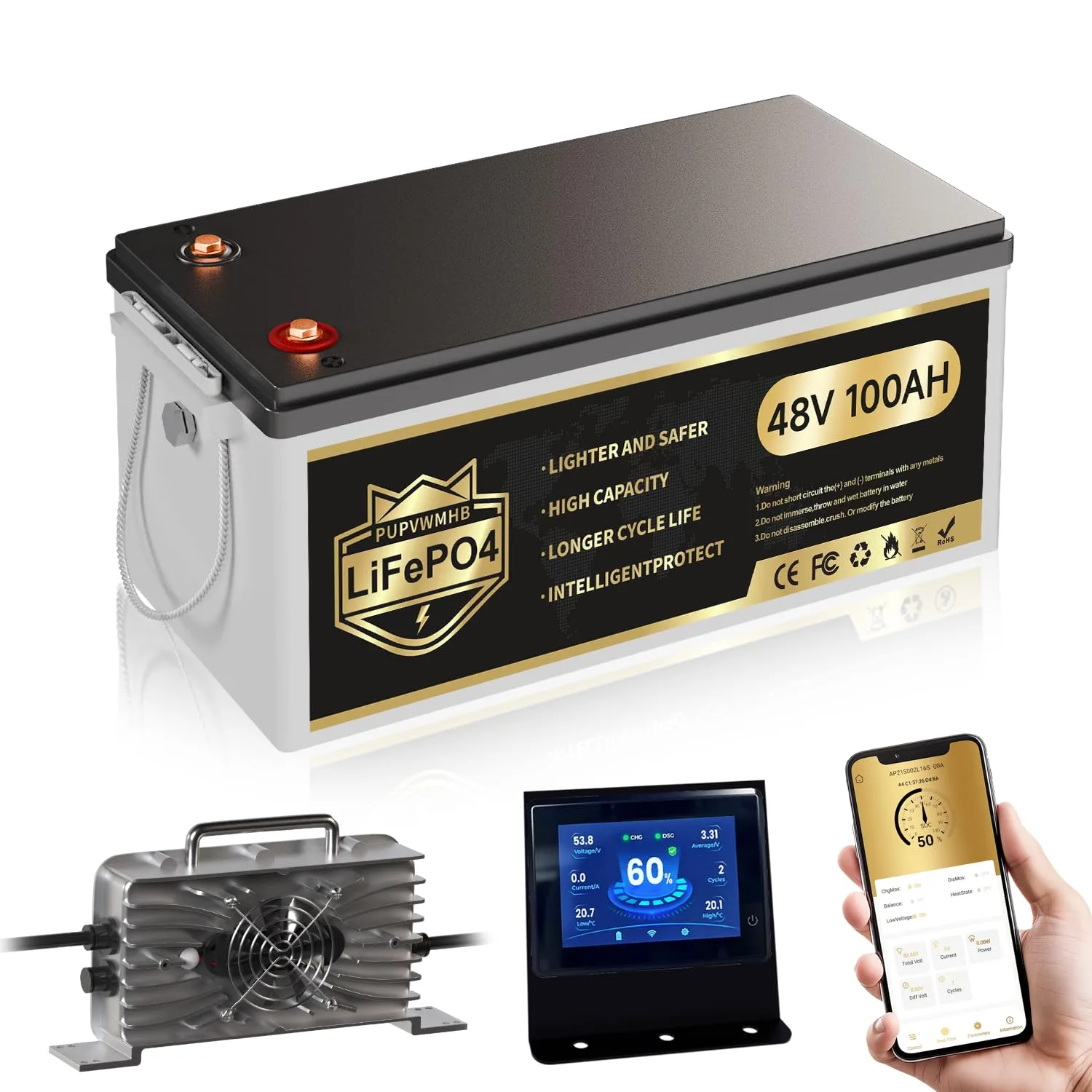 PUPVWMHB 48V 100Ah LiFePO4 Golf Cart Battery