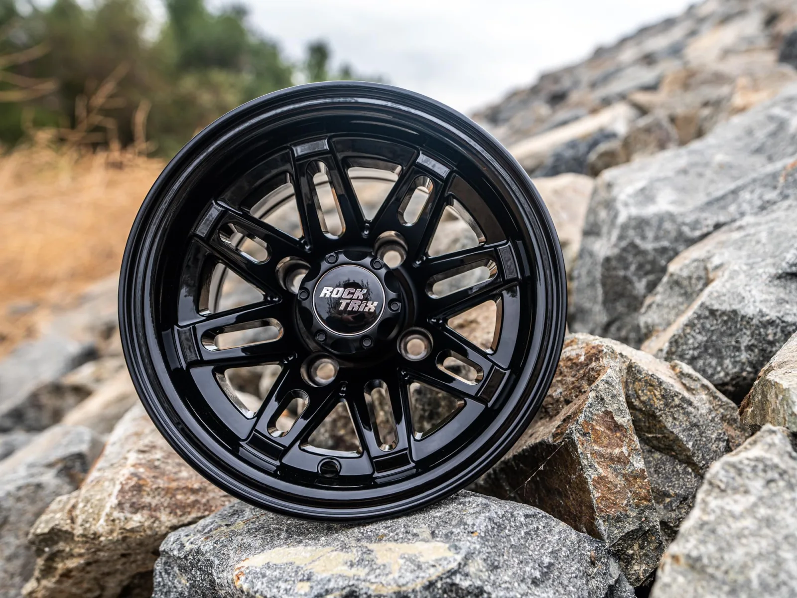 RockTrix RT103 10x7 Gloss Black Golf Cart Wheel RT103-10x7-4101-3+4-GB-1pc image 3