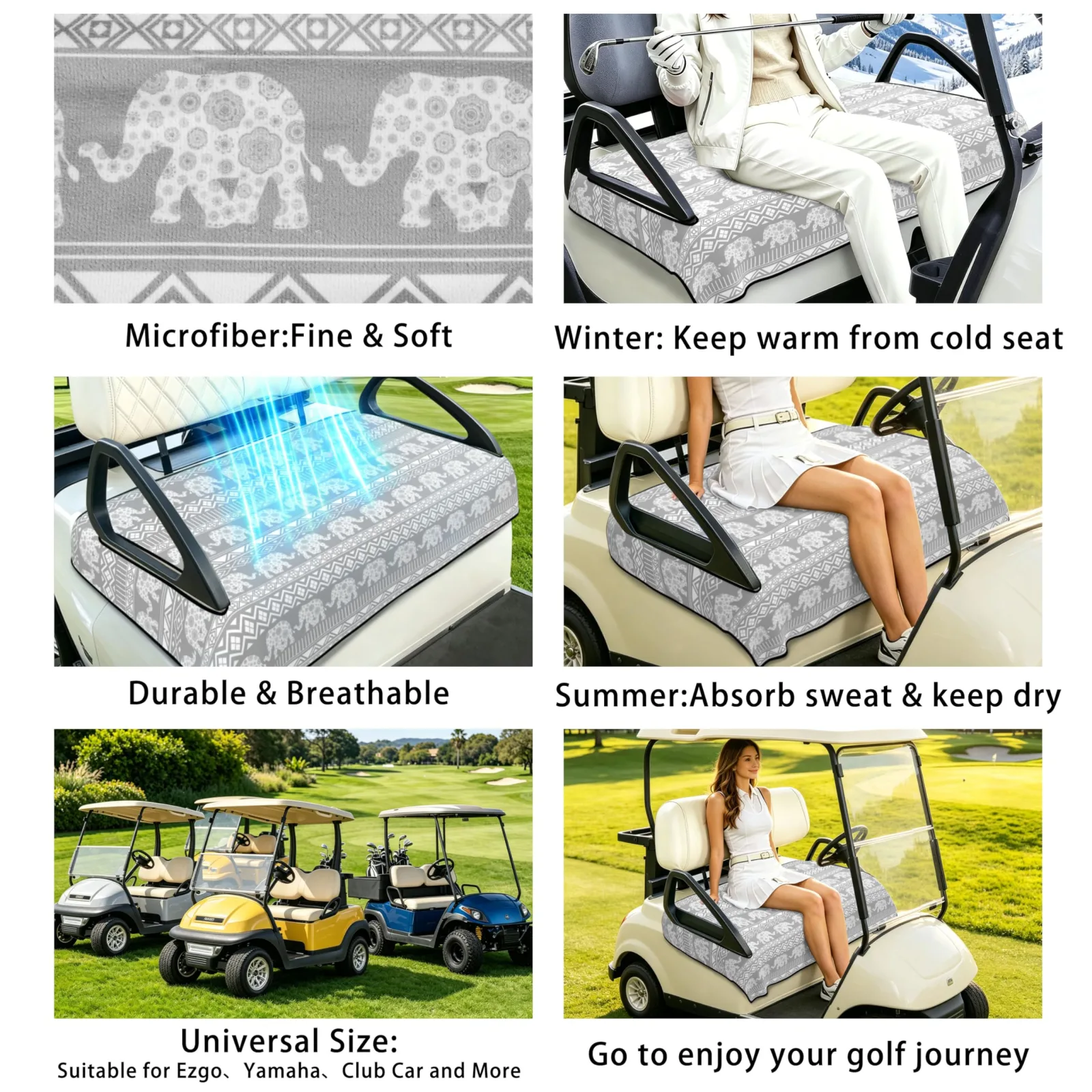 hswosnas Golf Cart Seat Cover 51" x 31" — Front Seat, Boho Elephant image 3