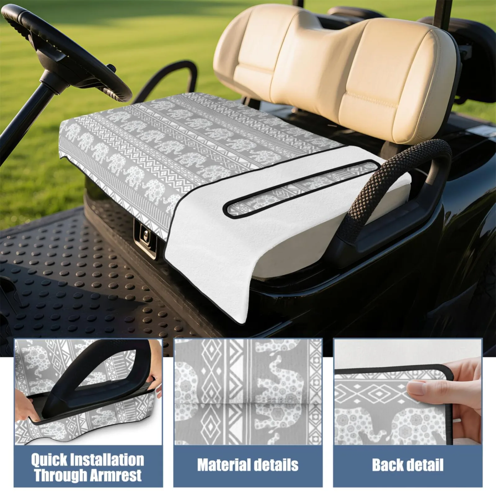 hswosnas Golf Cart Seat Cover 51" x 31" — Front Seat, Boho Elephant image 4