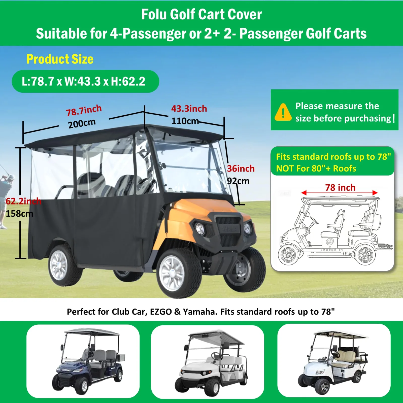 FOLU 4-Passenger Golf Cart Enclosure for 78-Inch Roofs image 2