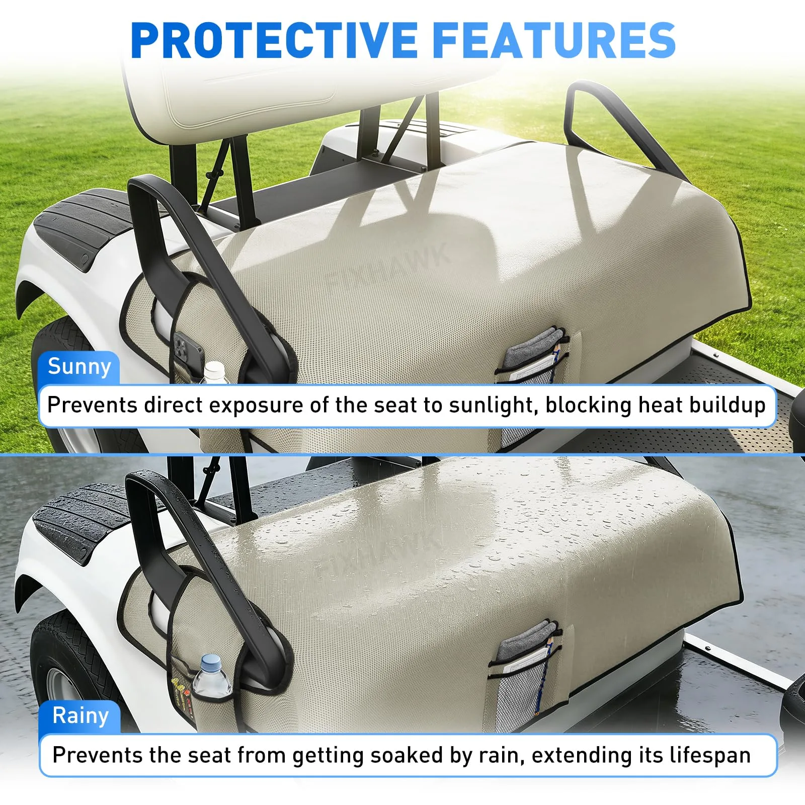 FIXHAWK Golf Cart Seat Cover for Club Car & E-Z-GO — Beige image 3