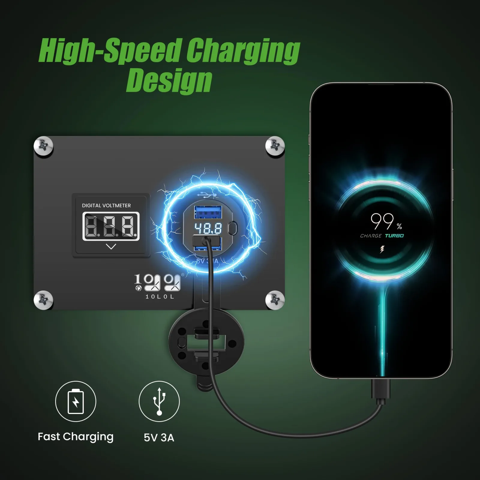 10L0L Dual USB Charger with LED Voltage Meter for Golf Carts (9–48V) image 3