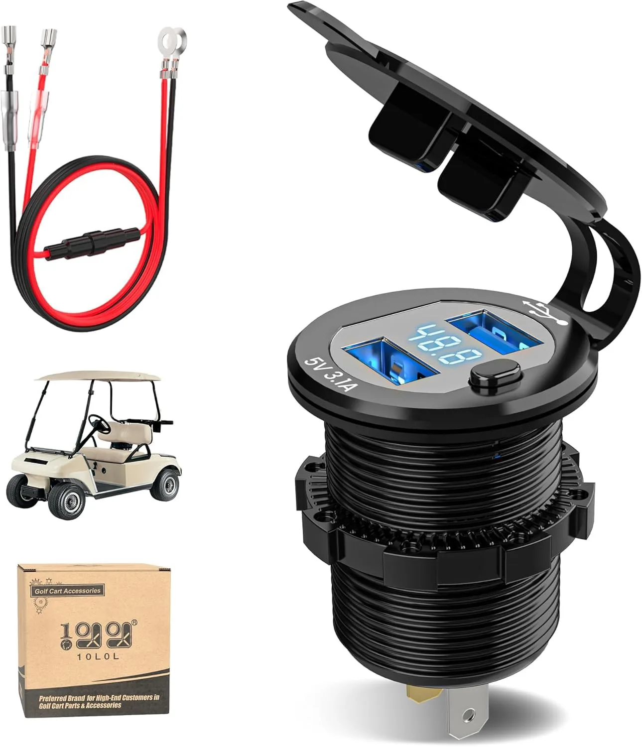 10L0L Dual USB Charger with LED Voltage Meter for Golf Carts (9–48V)