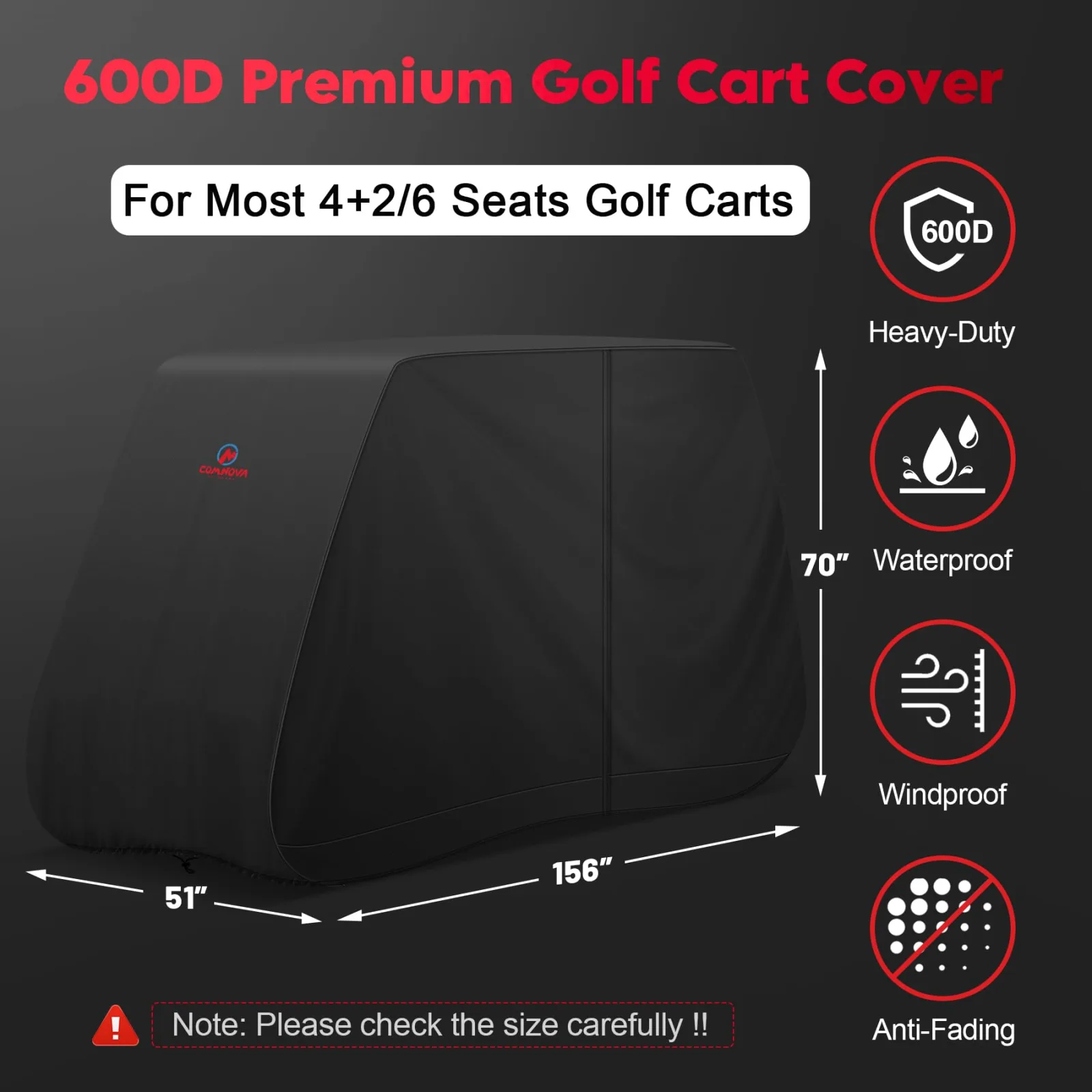 M COMNOVA OUTDOORS 6-Passenger Golf Cart Cover 156"L Black image 2