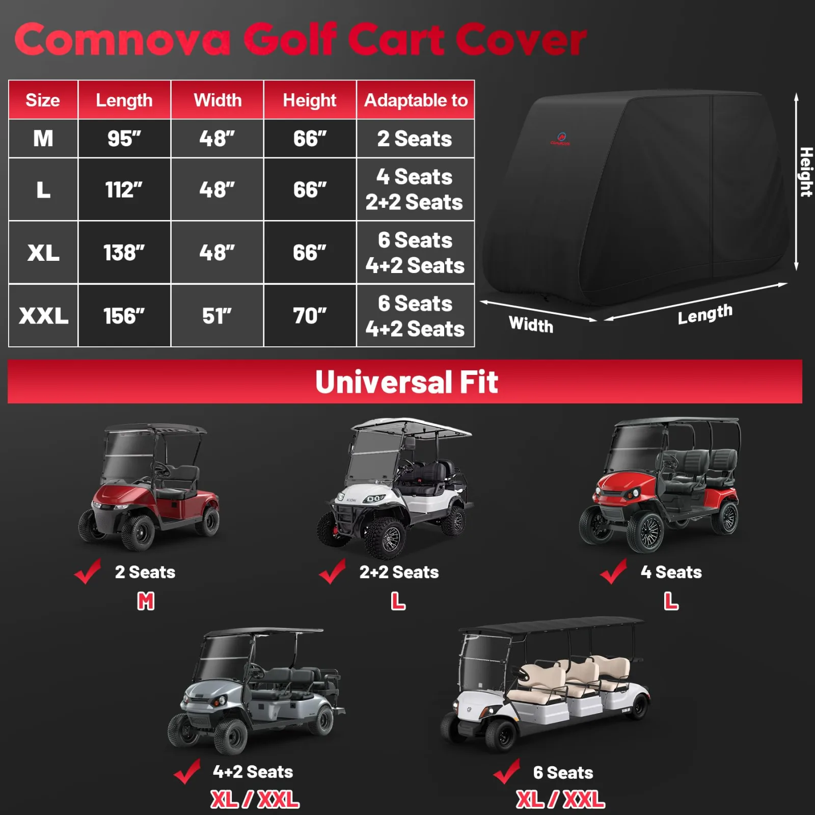 M COMNOVA OUTDOORS 6-Passenger Golf Cart Cover 156"L Black image 3