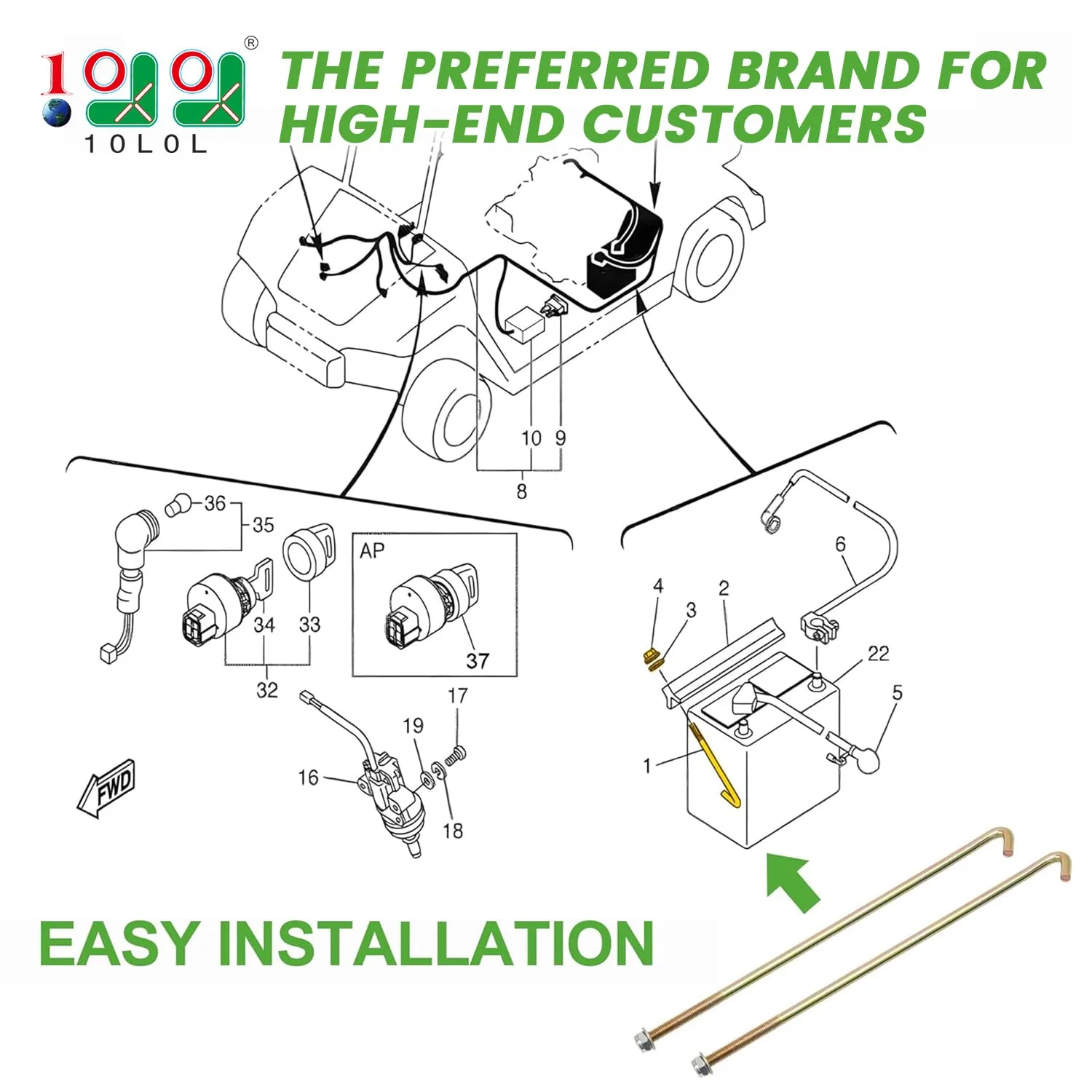 10L0L Golf Cart Battery J-Bolt Hold-Down Rods image 2