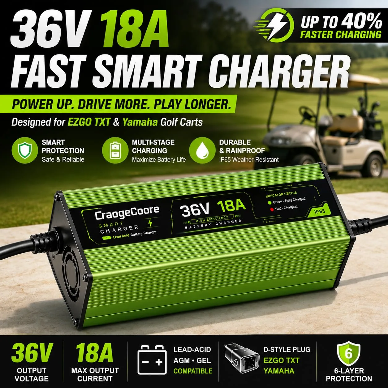 CraogeCoore 36V 18A Charger for E-Z-GO TXT (Crowfoot/D‑Style) image 2