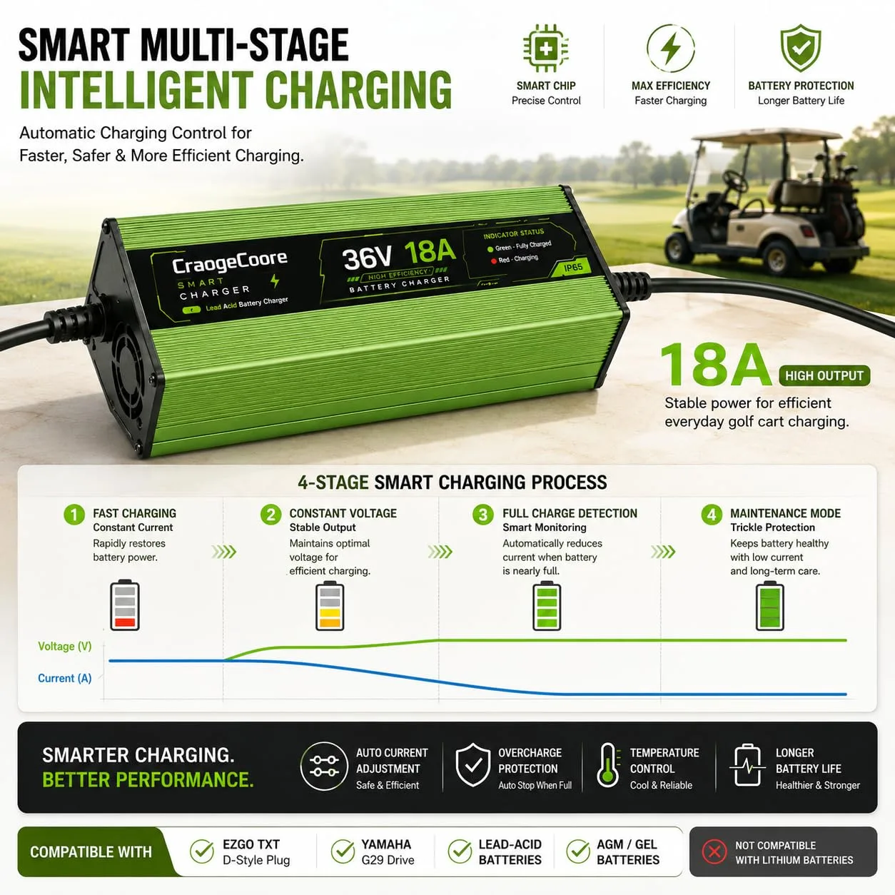 CraogeCoore 36V 18A Charger for E-Z-GO TXT (Crowfoot/D‑Style) image 3