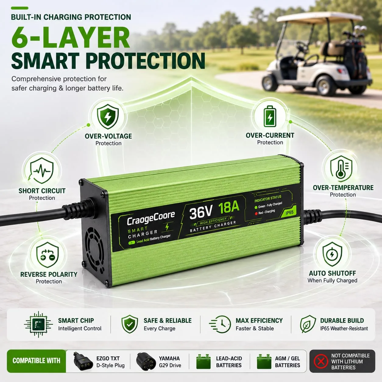 CraogeCoore 36V 18A Charger for E-Z-GO TXT (Crowfoot/D‑Style) image 4