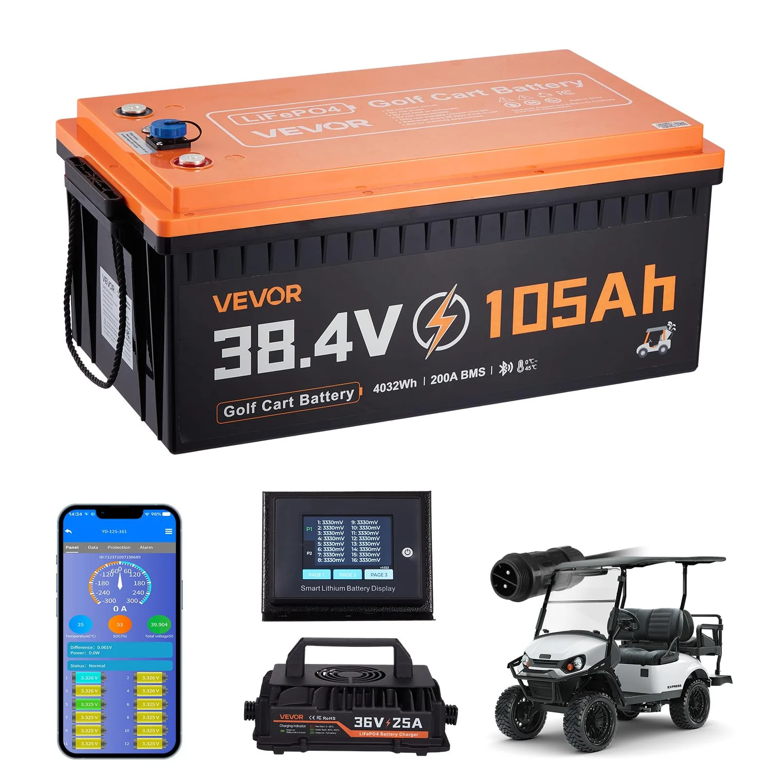 VEVOR 38.4V 105Ah LiFePO4 Golf Cart Battery Kit