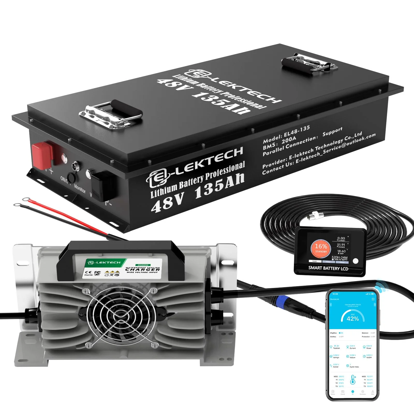 E-LekTech 48V 135Ah LiFePO4 Golf Cart Battery
