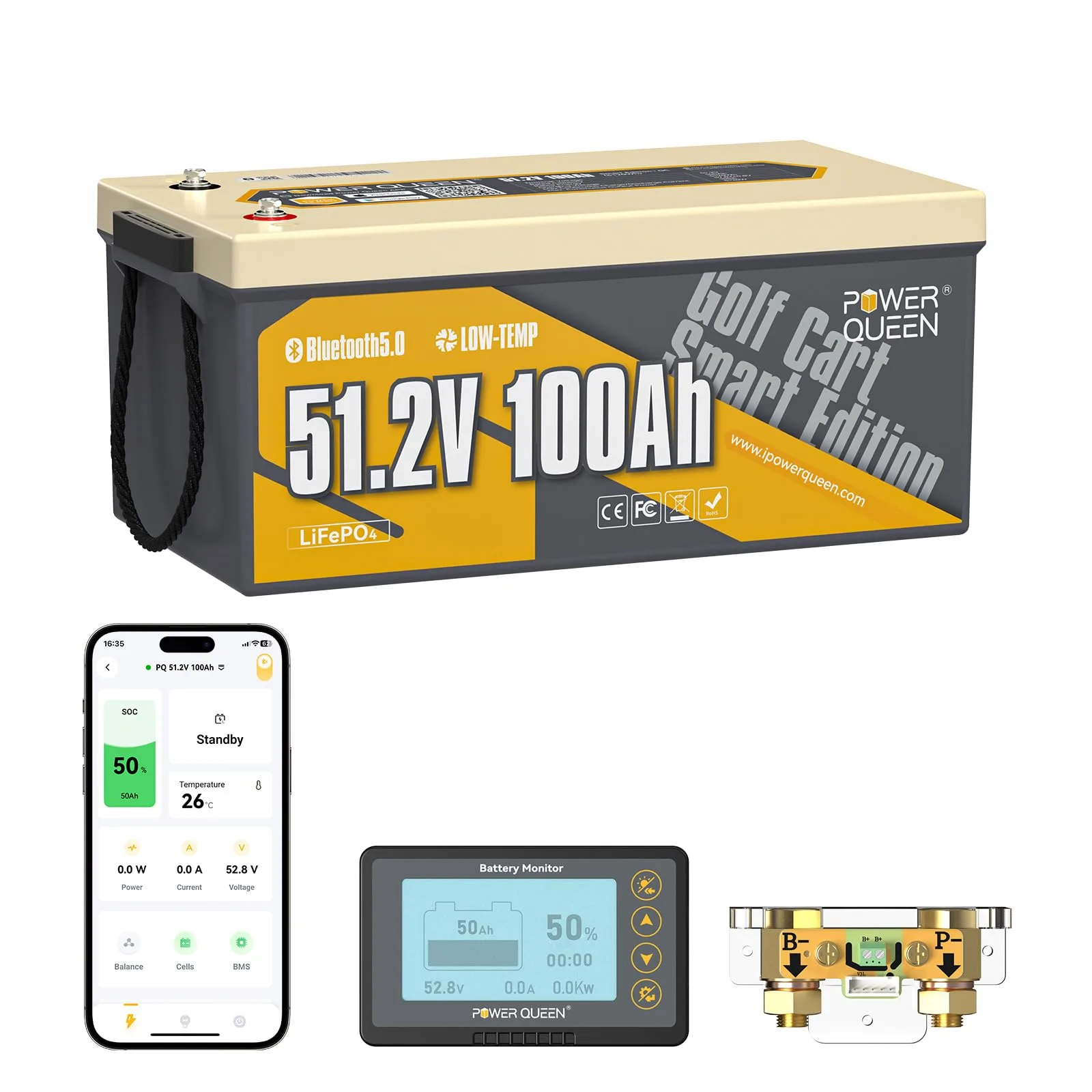 Power Queen 51.2V 100Ah Bluetooth Golf Cart Battery