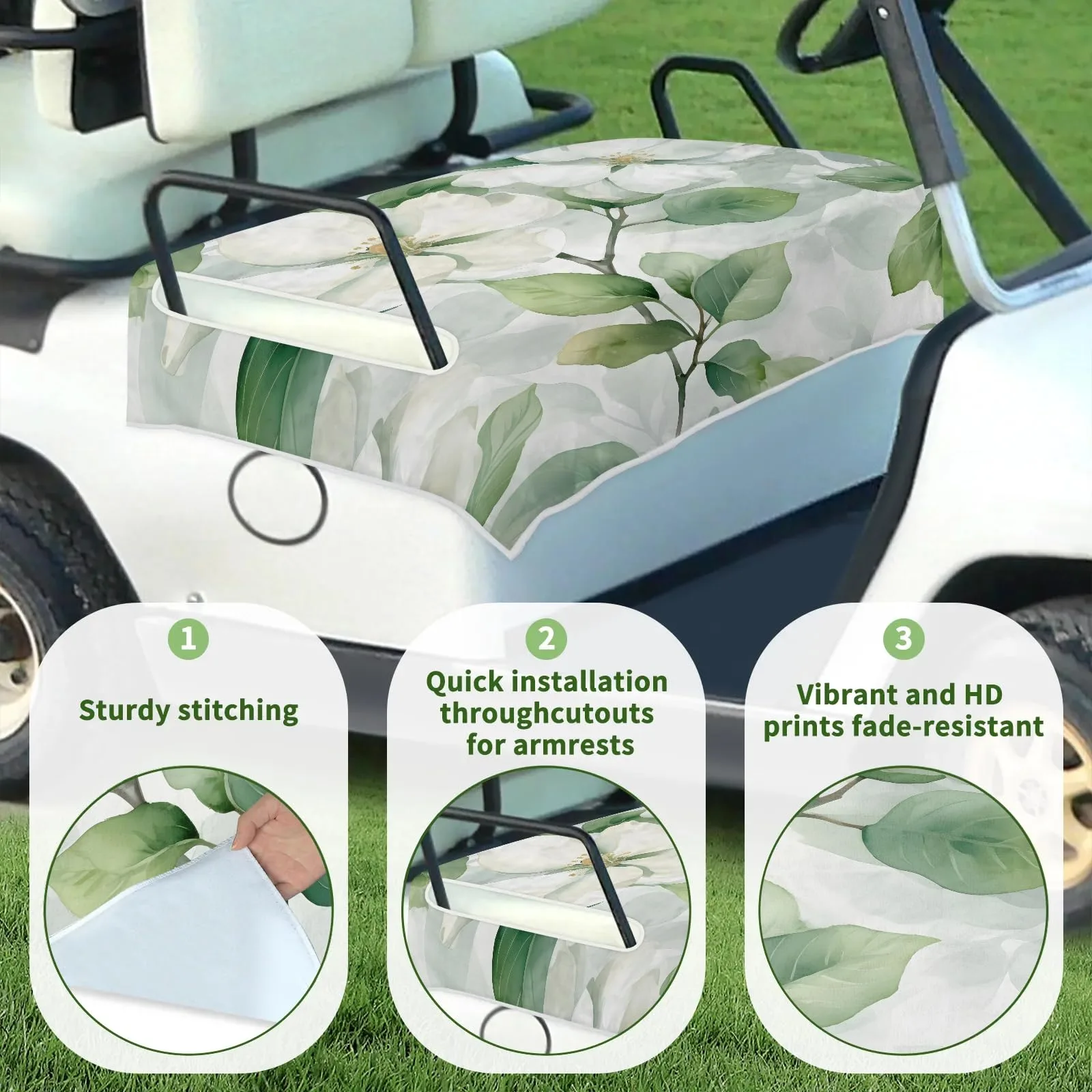 Tiveruda 51 x 31 in White Flower Leaves Golf Cart Seat Cover image 3