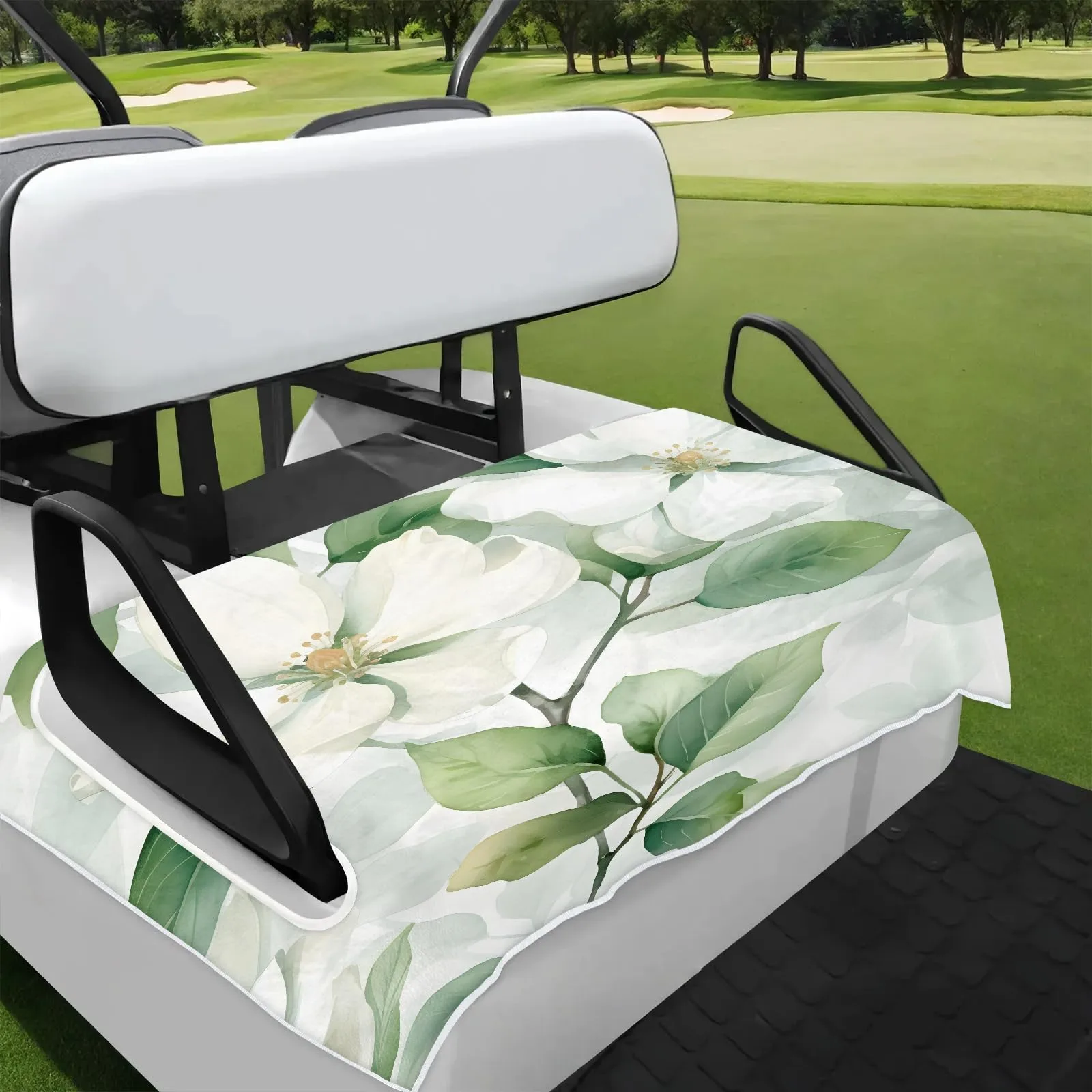 Tiveruda 51 x 31 in White Flower Leaves Golf Cart Seat Cover