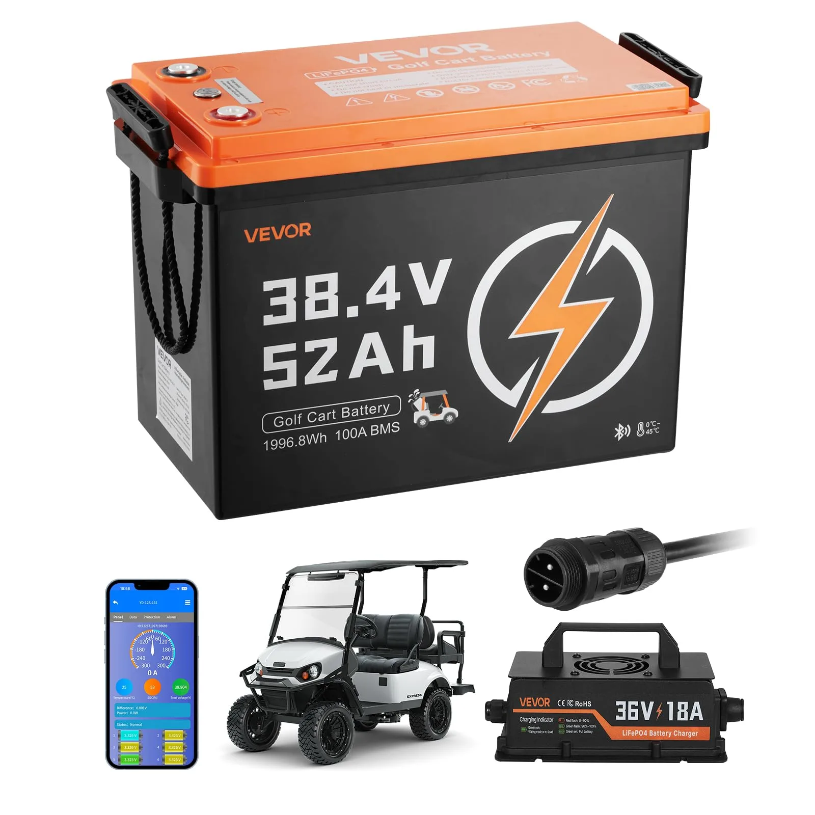 VEVOR 38.4V 52Ah LiFePO4 Golf Cart Battery Kit