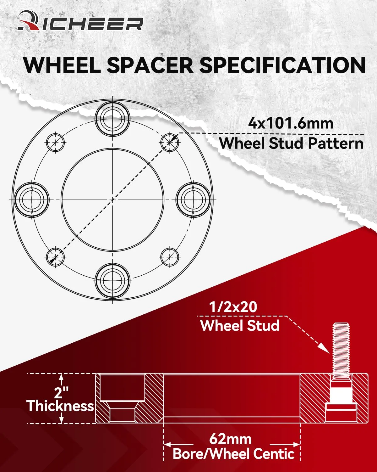 Richeer 2" 4x4 Wheel Spacers with 1/2x20 Studs, 62mm Bore (AM37130) image 3