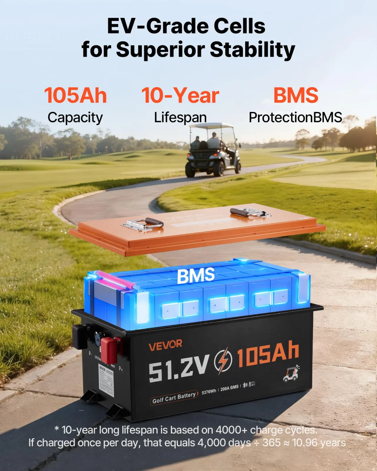 VEVOR 51.2V 105Ah LiFePO4 Golf Cart Battery Kit image 3