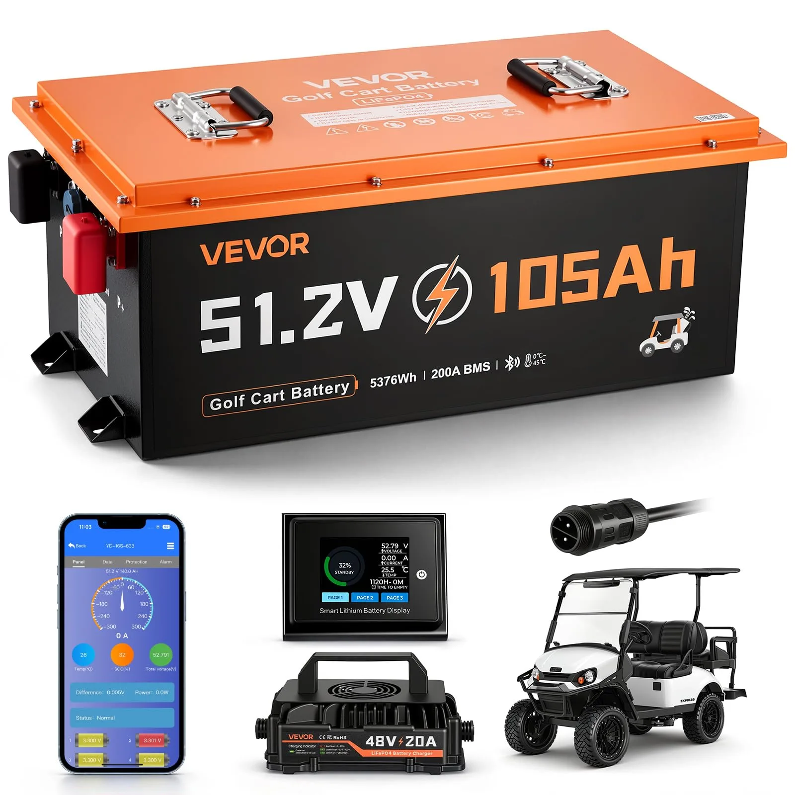 VEVOR 51.2V 105Ah LiFePO4 Golf Cart Battery Kit