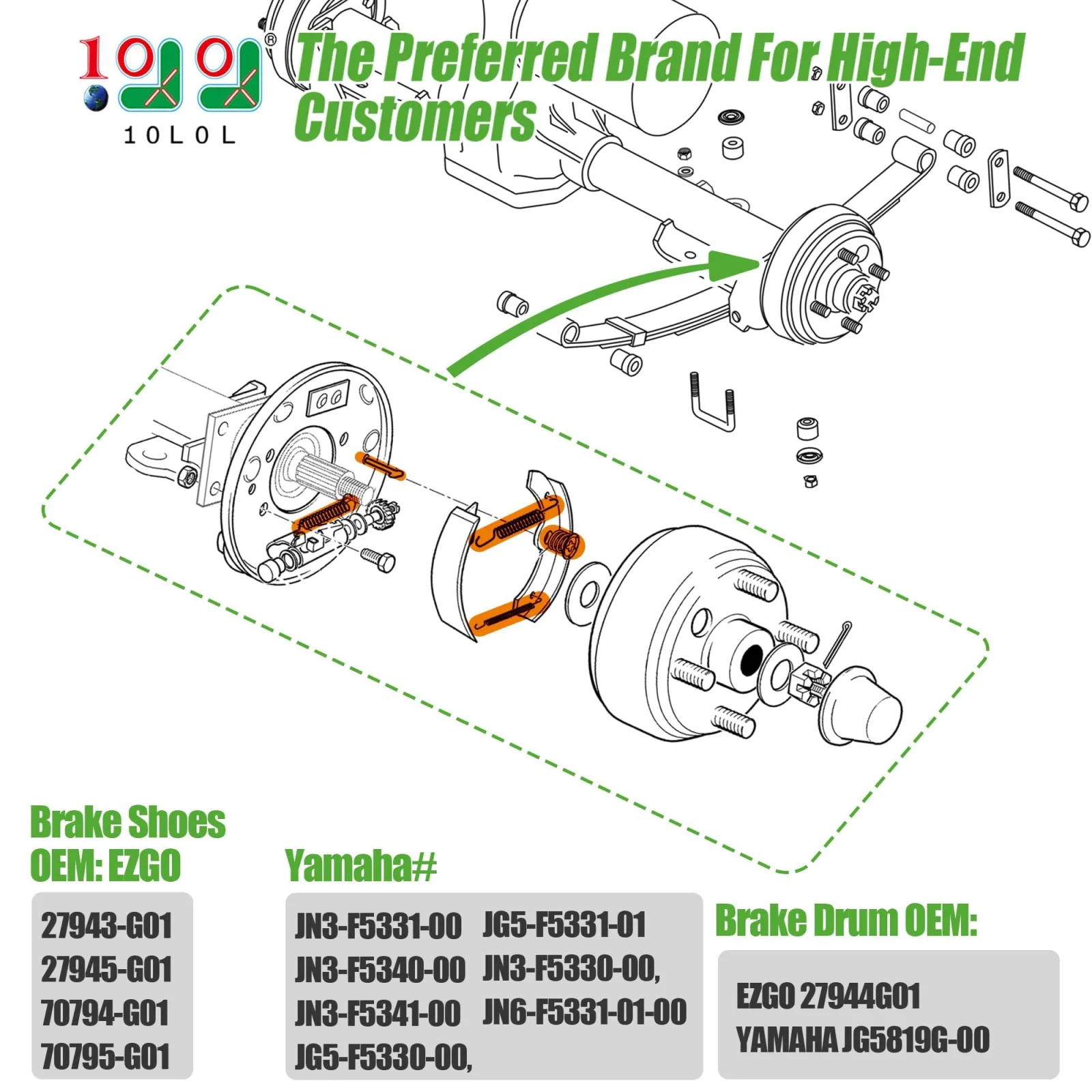 10L0L Golf Cart Brake Shoes and Spring Kit image 2