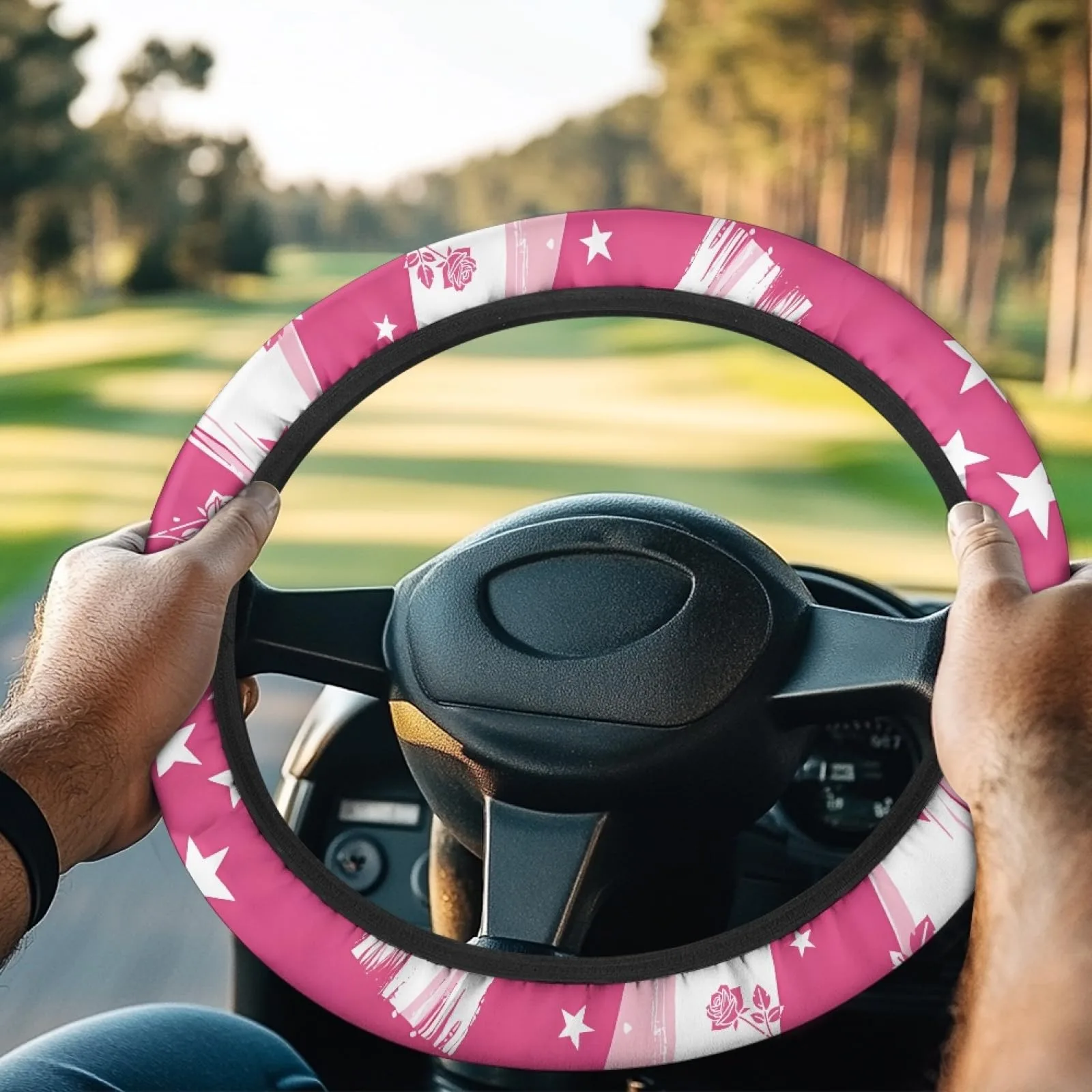 INSTANTARTS Pink Rose Golf Cart Steering Wheel Cover