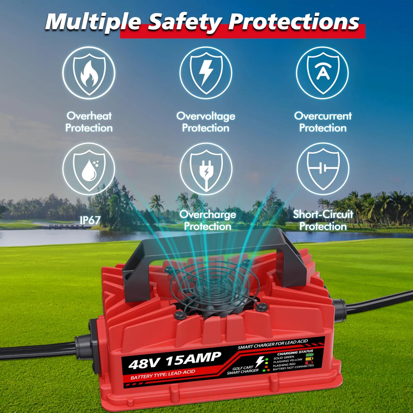 Akizbeir 15A 48V Golf Cart Charger for E‑Z‑GO RXV & TXT (3‑Pin Triangular) image 2