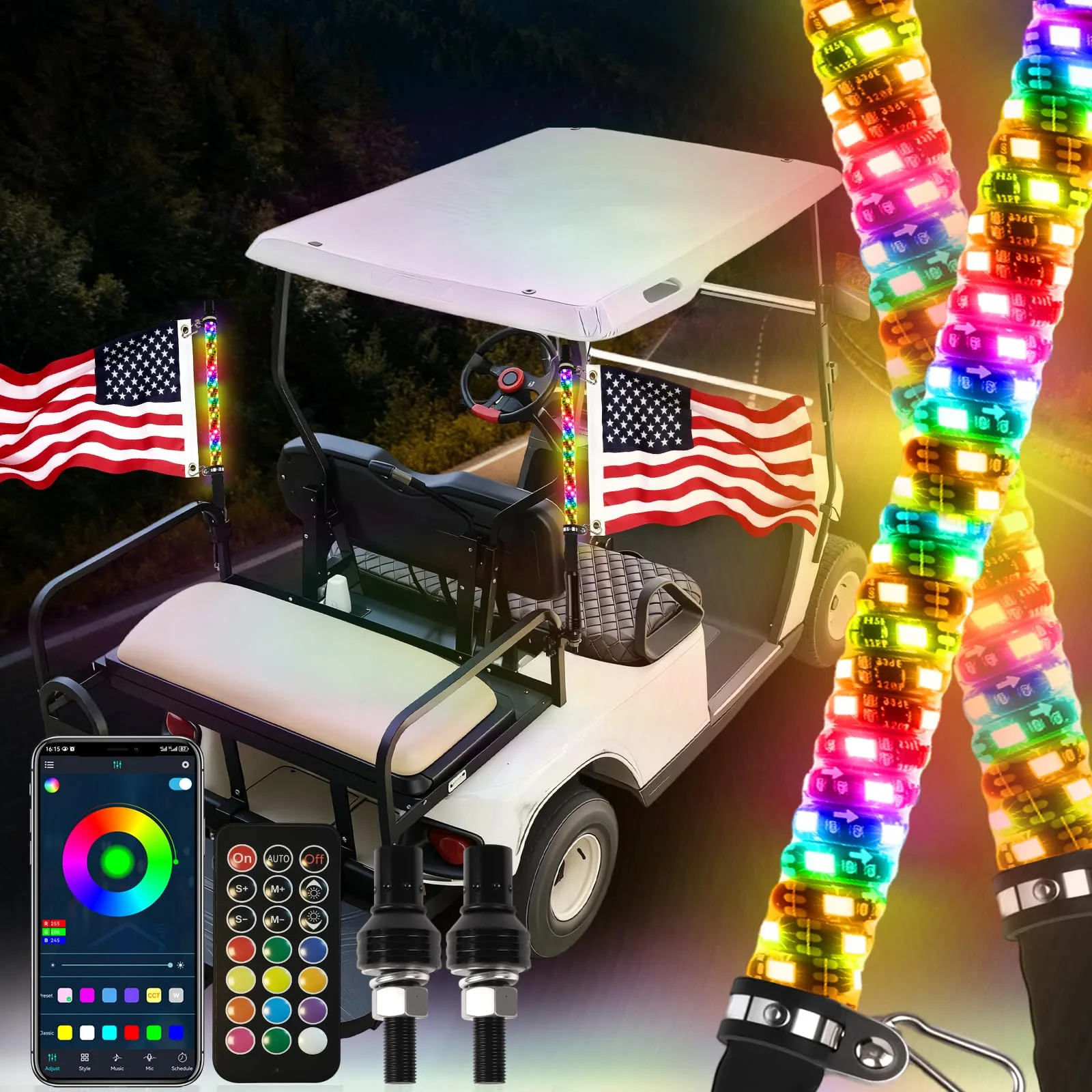 RIZINKART RGB Golf Cart Whip Lights with Turn Signals