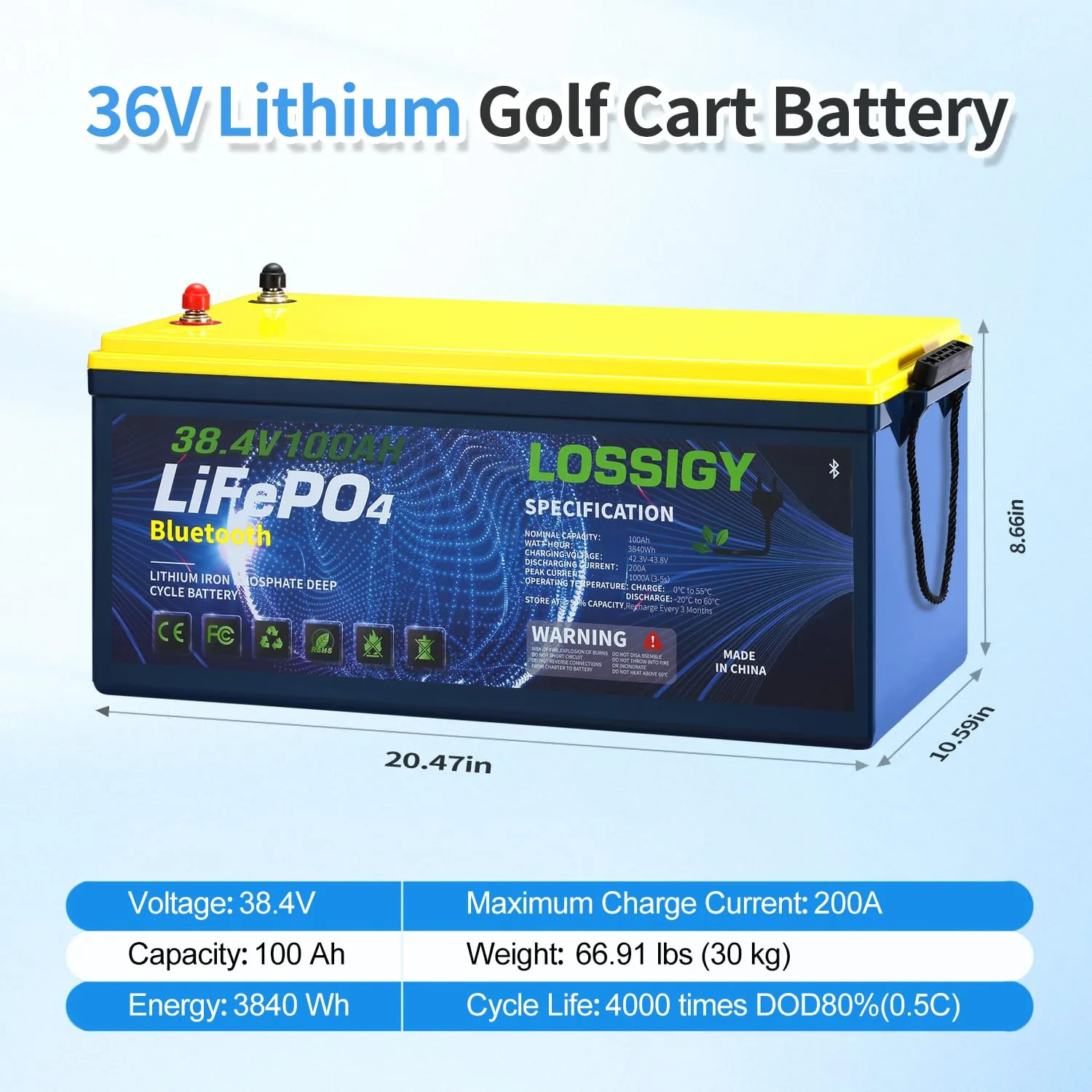 LOSSIGY 36V 100Ah LiFePO4 Golf Cart Battery image 2