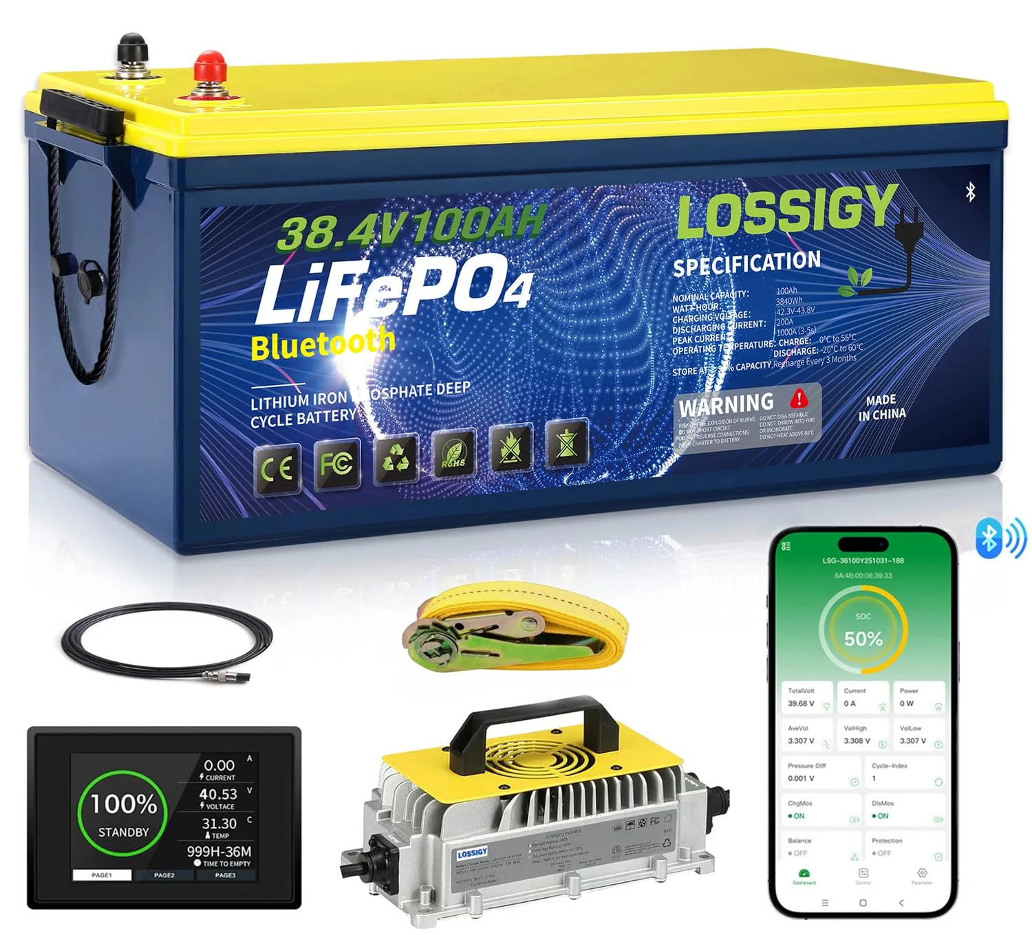 LOSSIGY 36V 100Ah LiFePO4 Golf Cart Battery